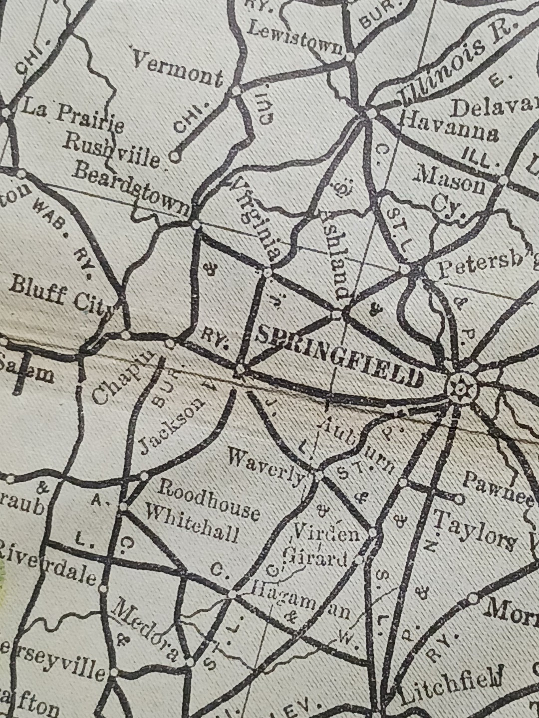 ~ 1897 Train Route Map ILLINOIS & INDIANA ☆ all Railroad Lines & Stations 9×11″