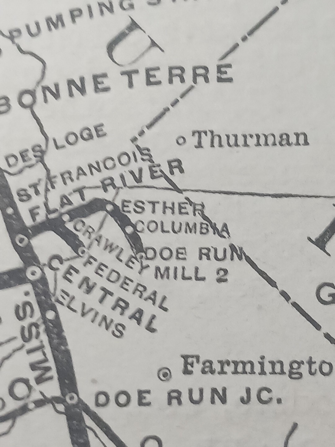~1910 Antique Train Map MISSISSIPPI & BONNE TERRE RAILWAY rare Missouri Railroad