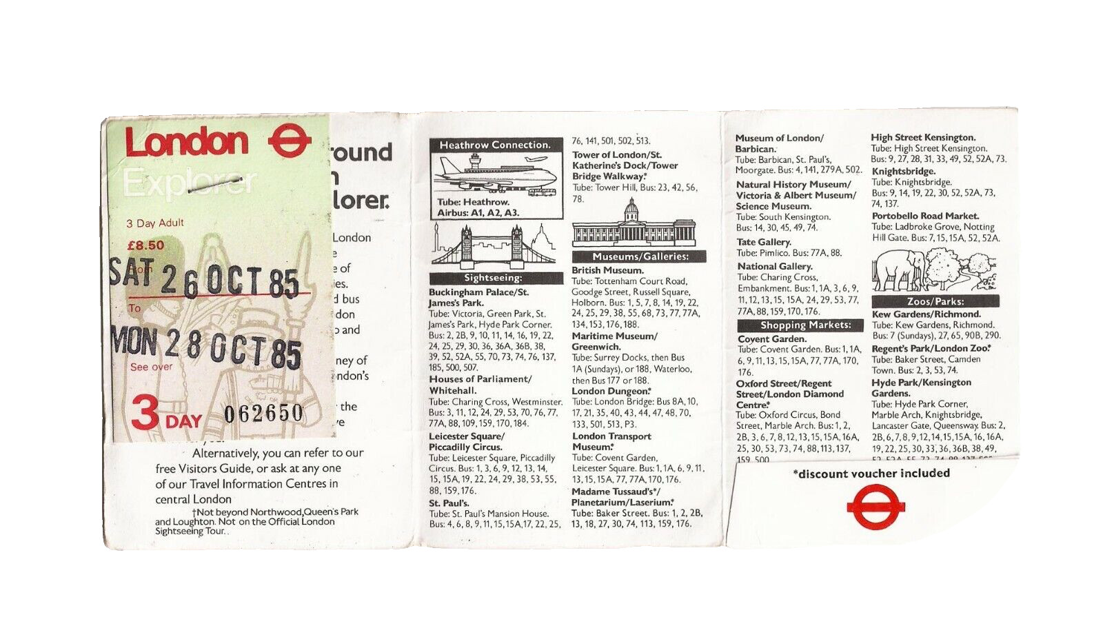 THE LONDON EXPLORER with 3 DAY PASS TICKET MAP 1985/6