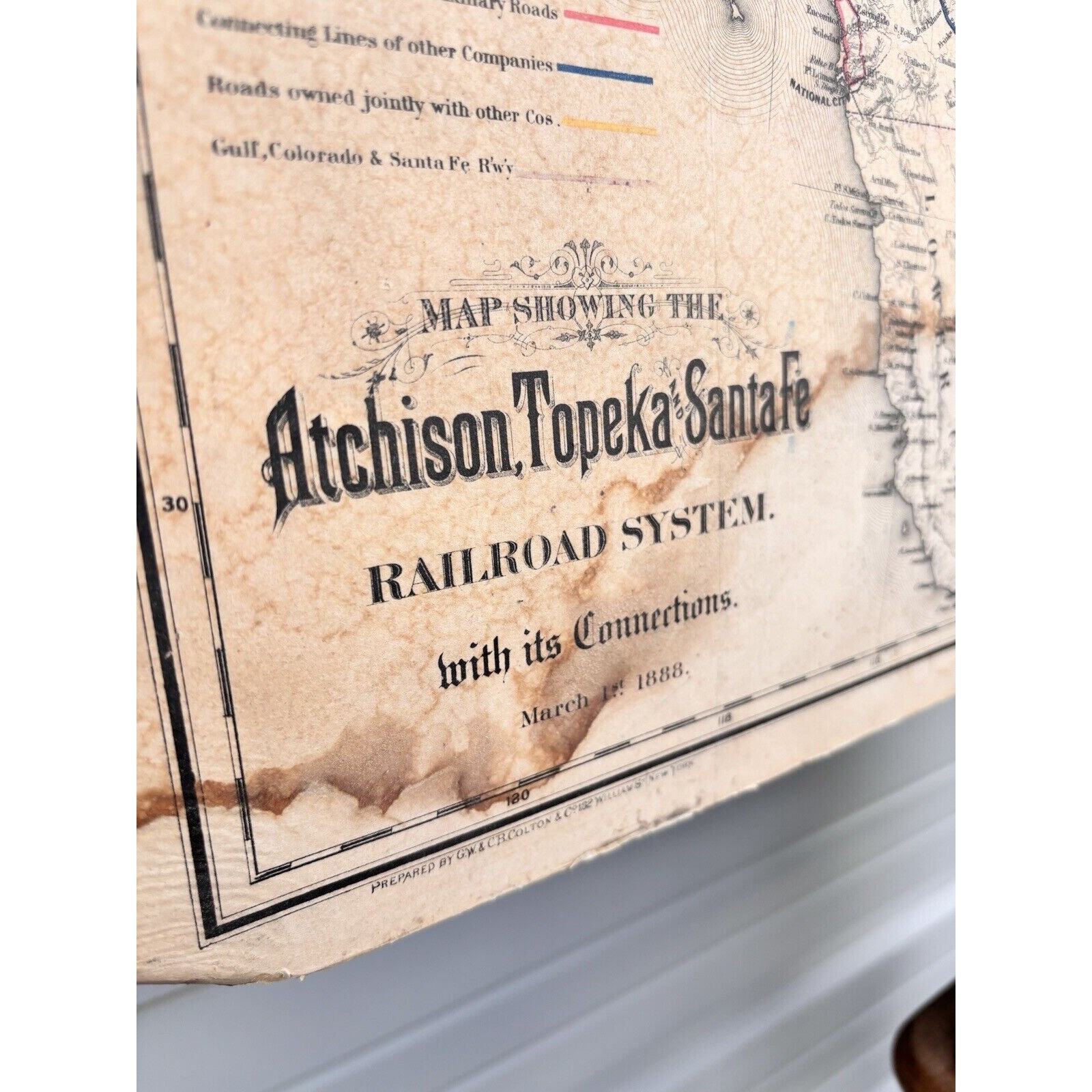 RARE 1888 Antique LARGE Wall Hang Atchison, Topeka, Santa Fe Railroad System Map