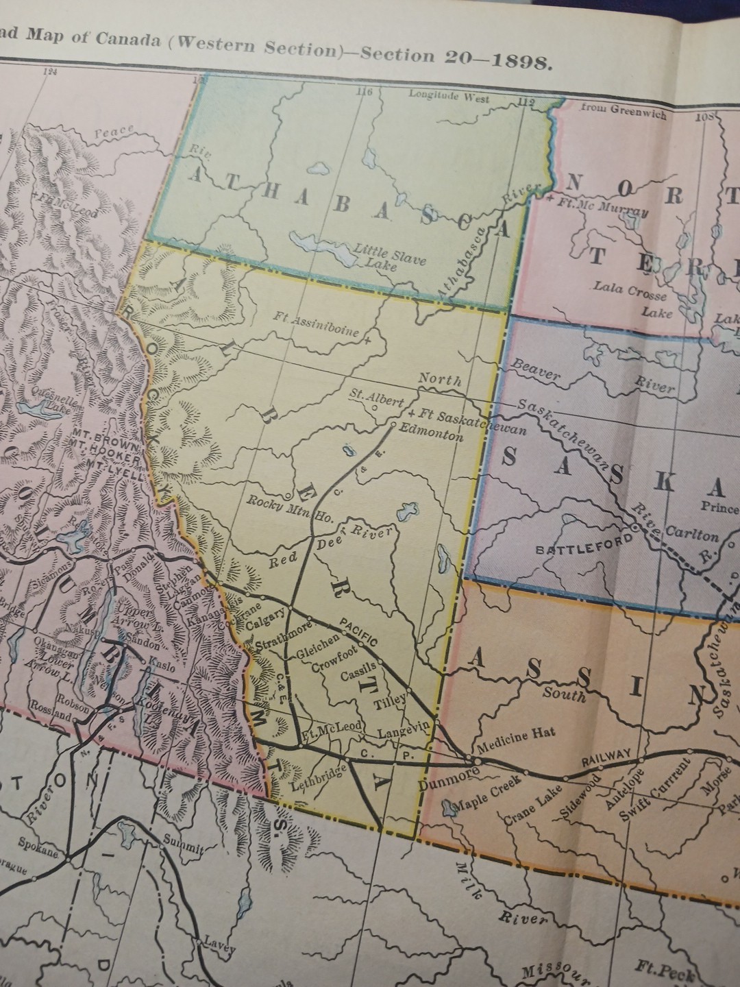~1898 ANTIQUE Railroad Map WESTERN CANADA Train Route Railway Stations 9″x 11″