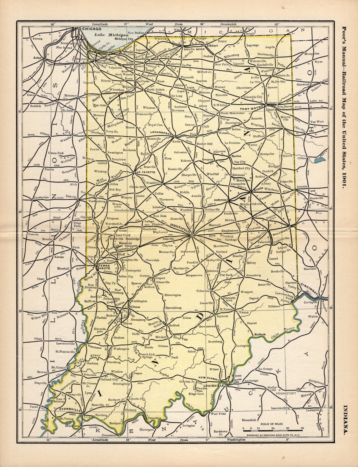 1901 Antique Indiana Railroad Map Wabash Southern L & N Pennsylvania 2012