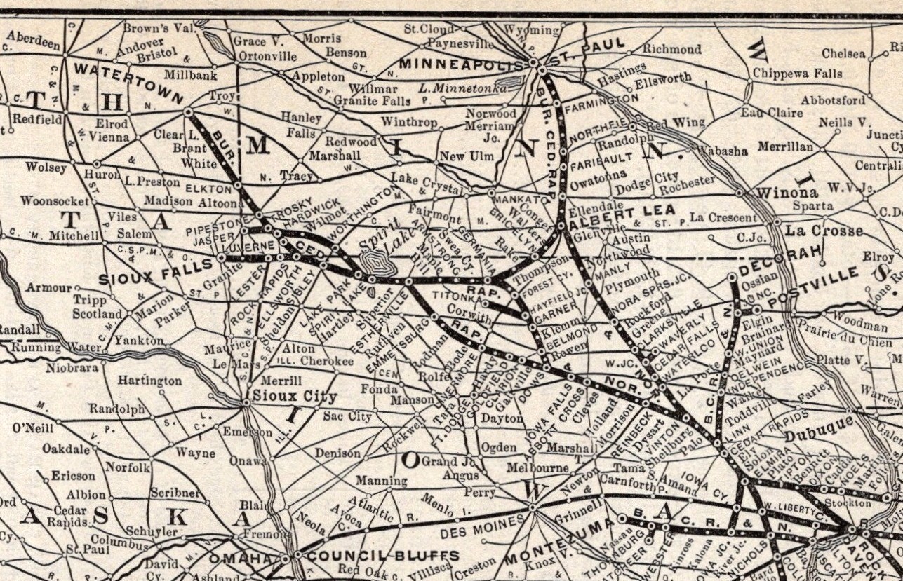 1901 Burlington Cedar Rapids & Northern Railway Map Vintage Railroad Map 2681