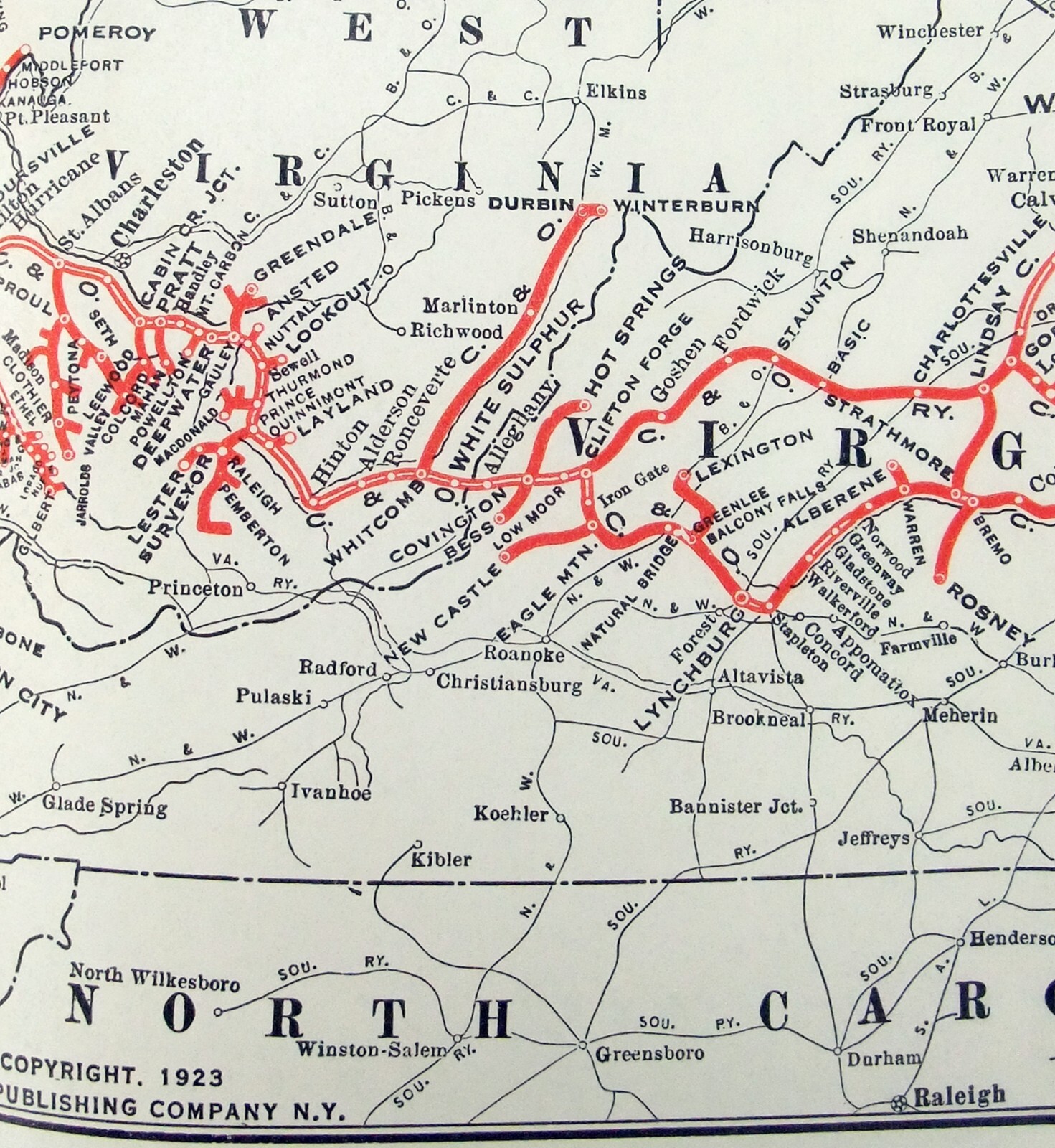 Chesapeake & Ohio Lines – Original 1923 Railroad System Map. Vintage Railway