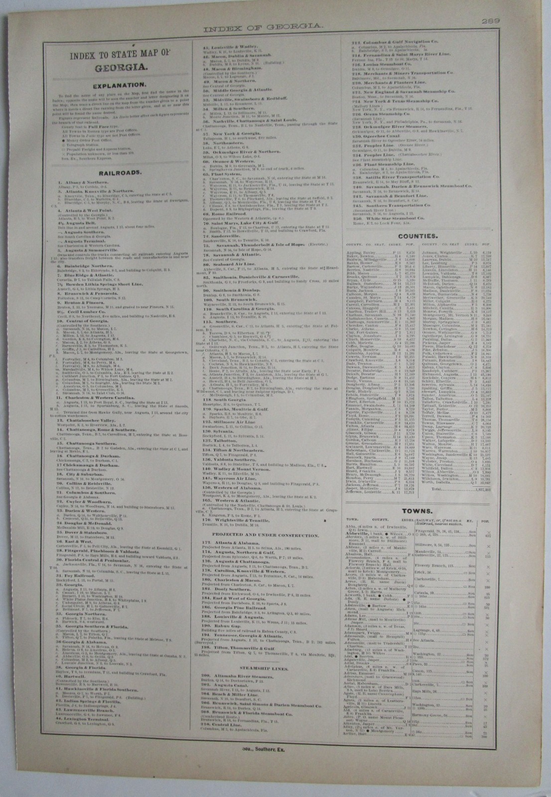 GA 1898 GEORGIA STEAM RAILROADs Map. SMITHONIA & DUNLOP RR, CUYLER & WOODBURN RR