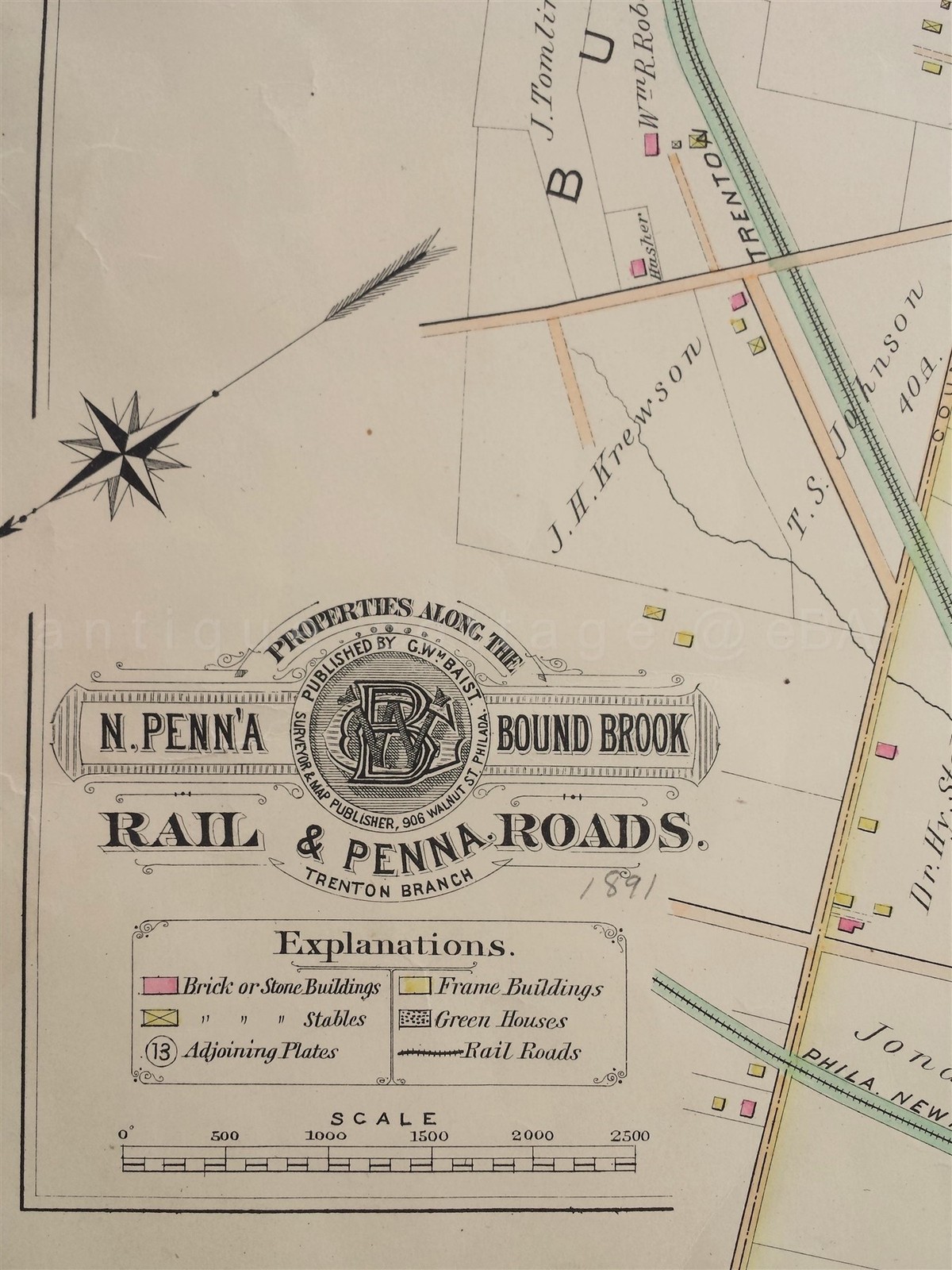 1890s antique PA BOUND BROOK RAILROAD MAP trenton div PHILA NEWTOWN NY RR PLATT