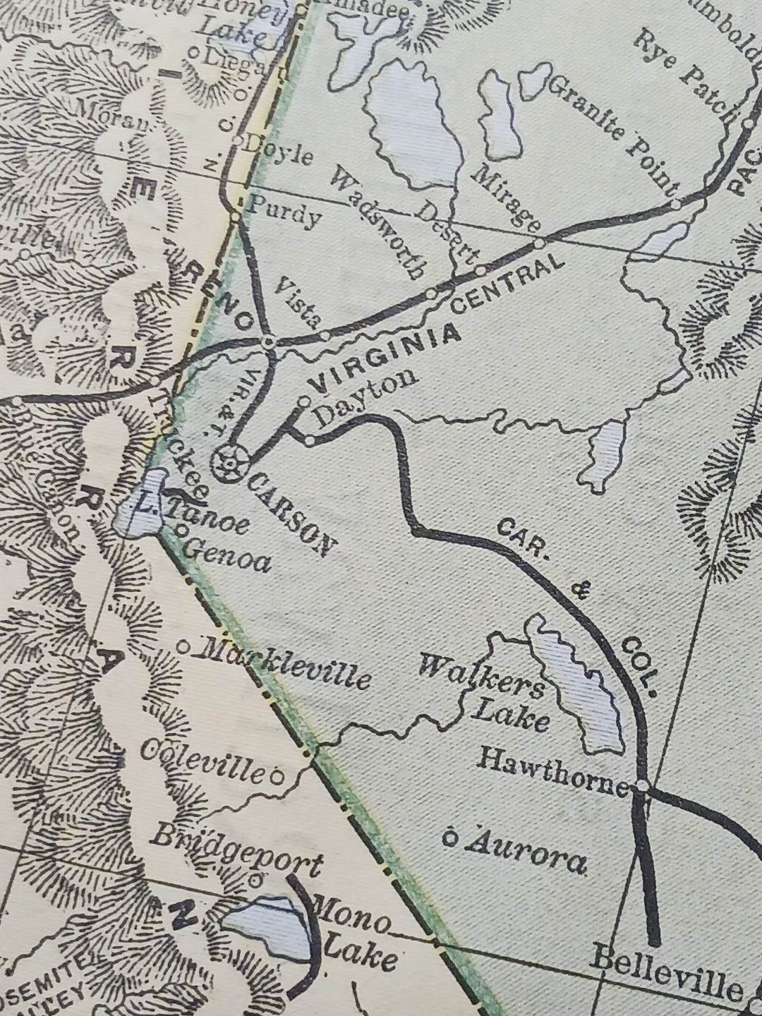 1897 Train Route Map CALIFORNIA & NEVADA all Railroad Lines Stations Towns 9×11″