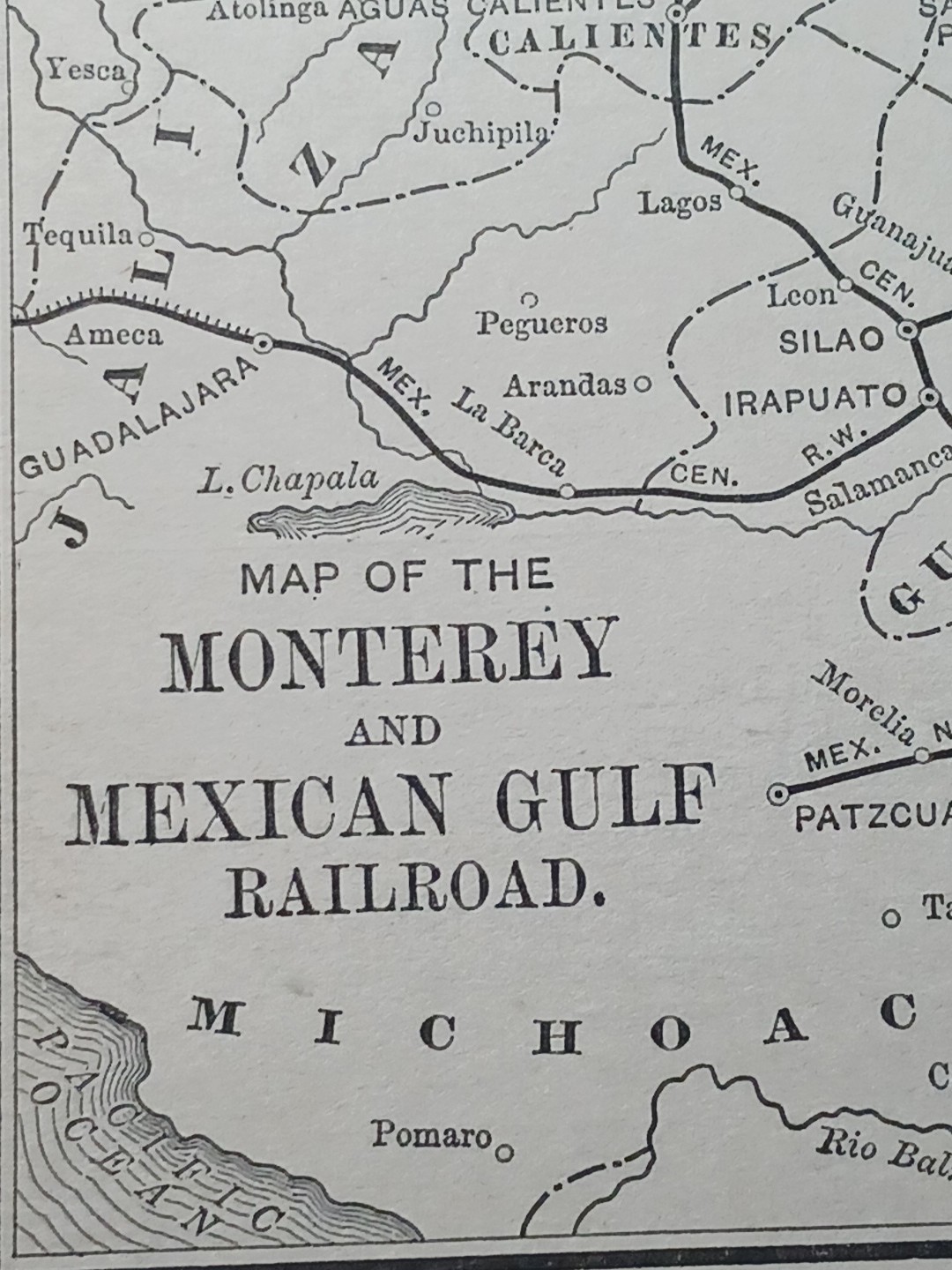 ~ 1895 Train Route Map MONTEREY & MEXICAN GULF RAILROAD Camargo Tampico Mexico