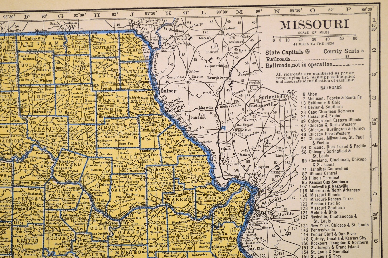 ca1939 MISSOURI Railroad Map Depot Towns WAB RR Historic Original Atlas Map