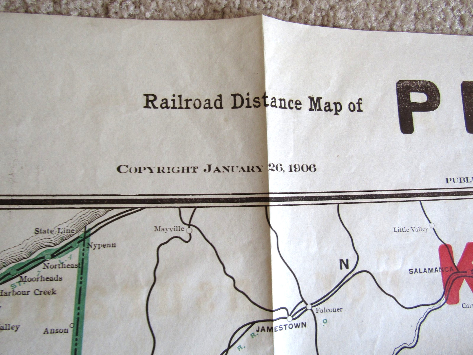 Railroad Distance Map of Pennsylvania Jan 26, 1906 Large 40″ x 27″ Erie, PA