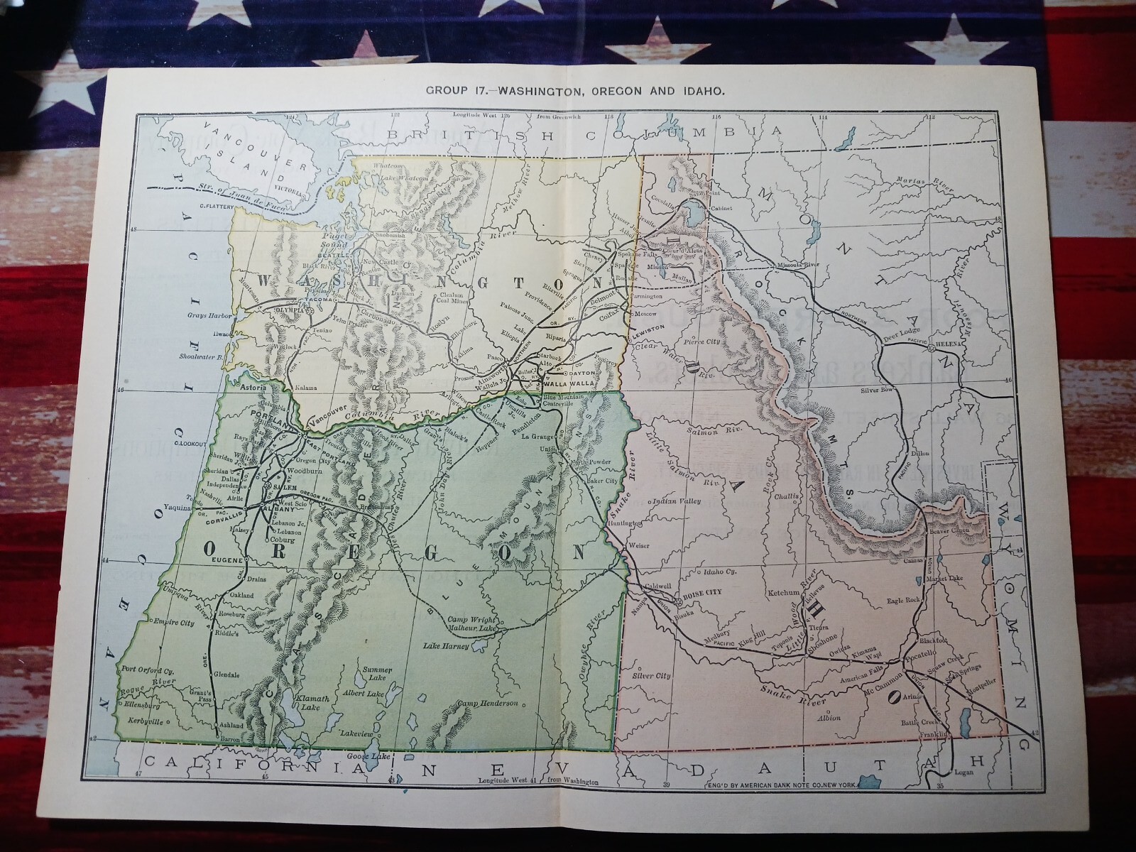 Original 1889 railroad map all train routes 11″x9″ WASHINGTON Oregon IDAHO