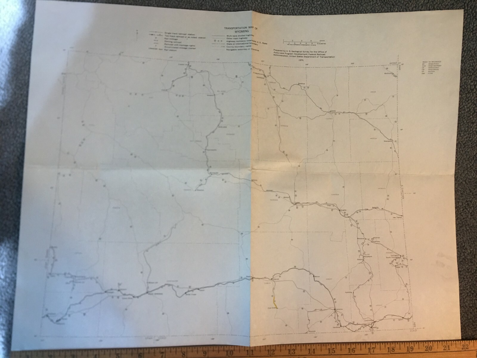 Vintage 1975 Wyoming Transportation Map●Federal Railroad Administration●11″x17″