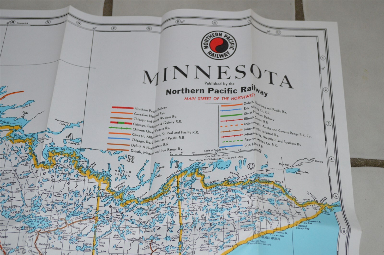 Vintage Northern Pacific Railroad map Minnesota 38″x 22 1/2″ in paper sleeve