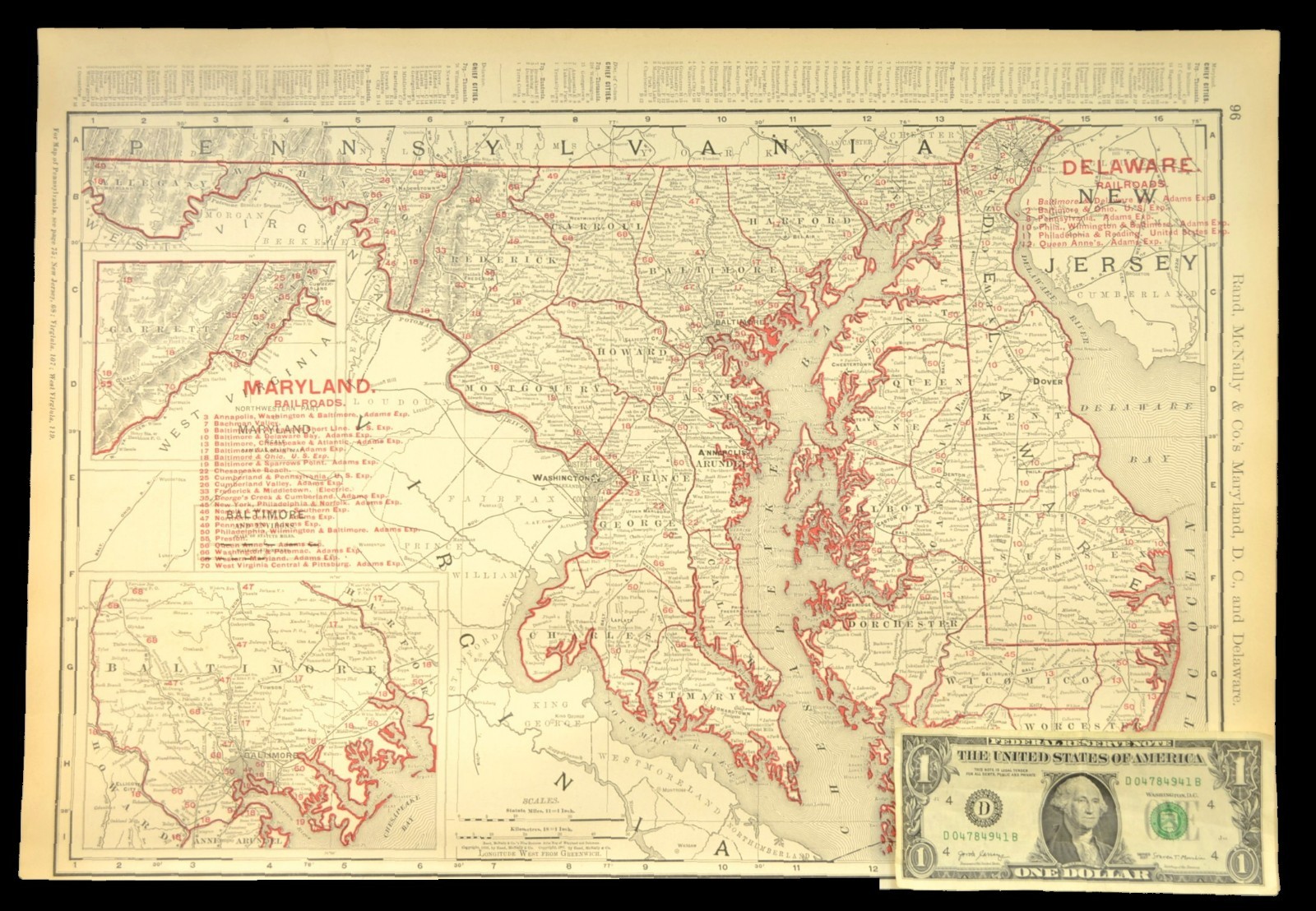 1901 Antique Maryland Railroad Map of Delaware Large Atlas B&O RR PW&B DATED