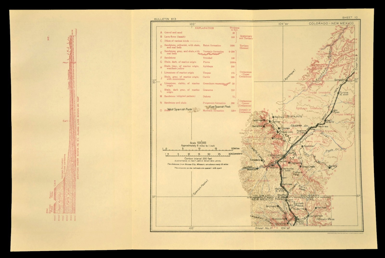 1915 Antique Santa Fe Railroad Map Line Trinidad Colorado Raton NM Geological