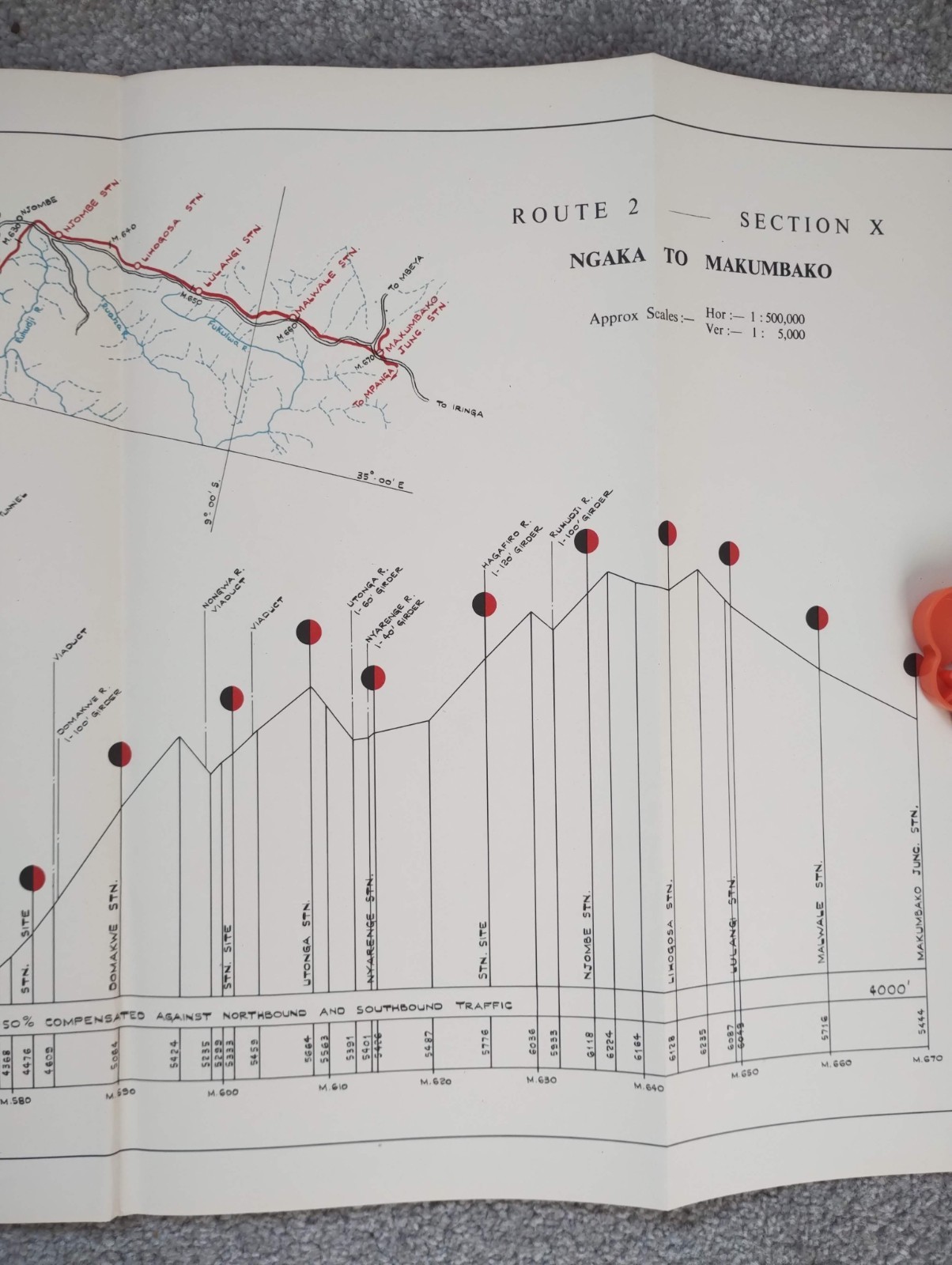 1952 Original East African Railways Map of Route: Ngaka to Makumbako (Tanzania)