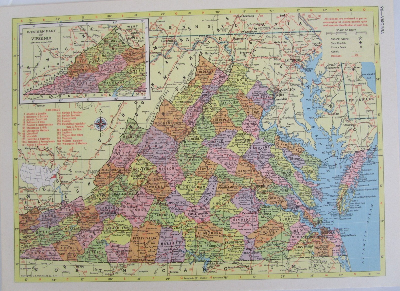 VA VT 1959 VIRGINIA RAILROAD Map B&O, C&O, WINCHESTER & WESTERN or VERMONT