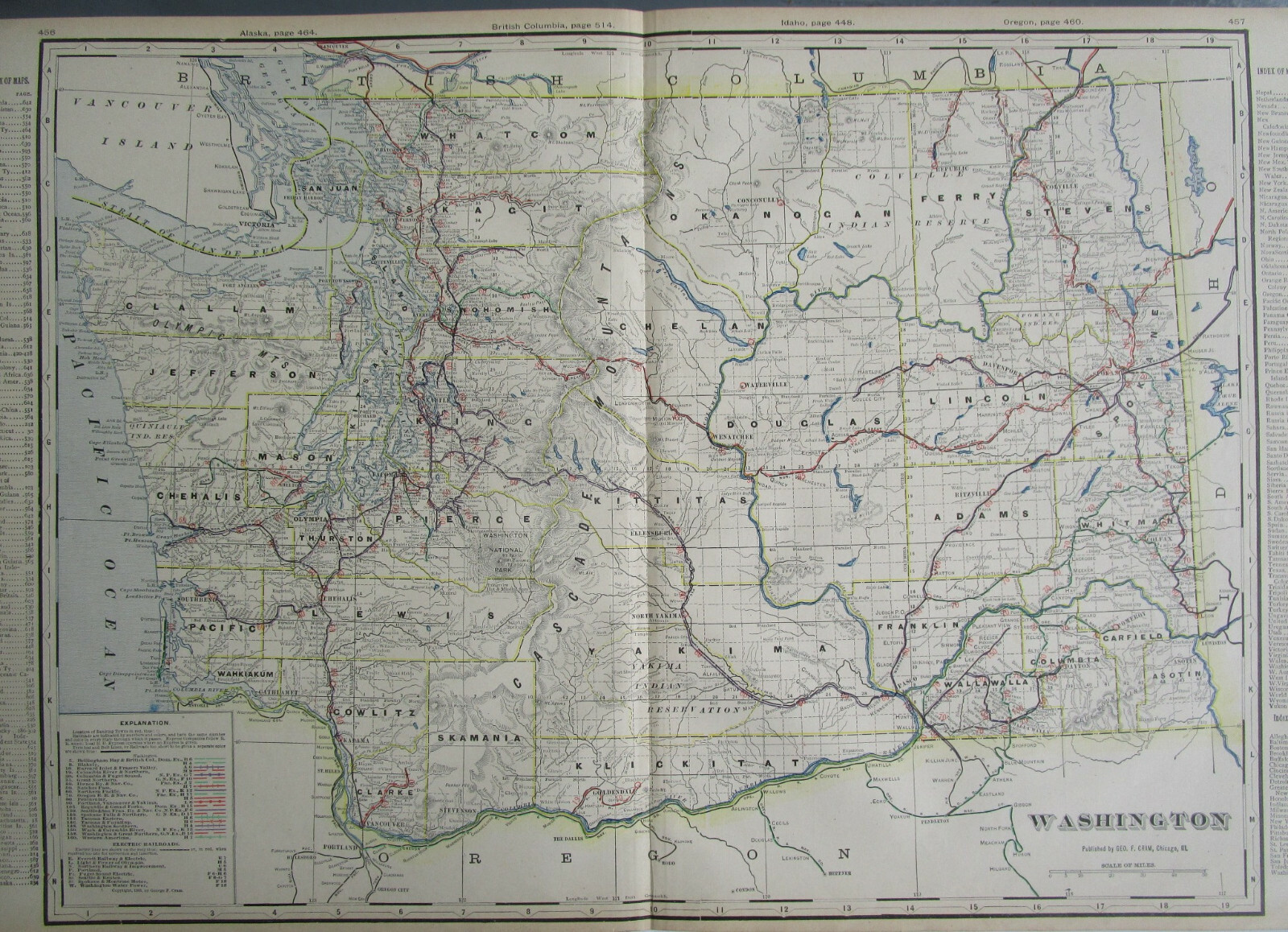 WA 1903 WASHINGTON State STEAM / INTERURBAN ELECTRIC RAILROAD / STEAMSHIP Map
