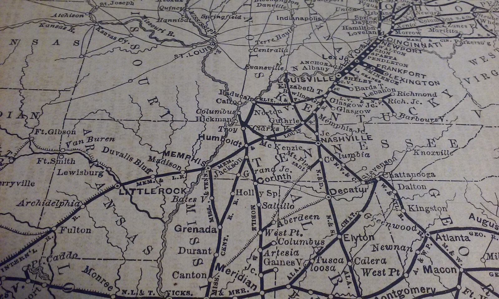 Rare 1876 LOUISVILLE & CINCINNATI Short Line Railroad & Connections Print Map