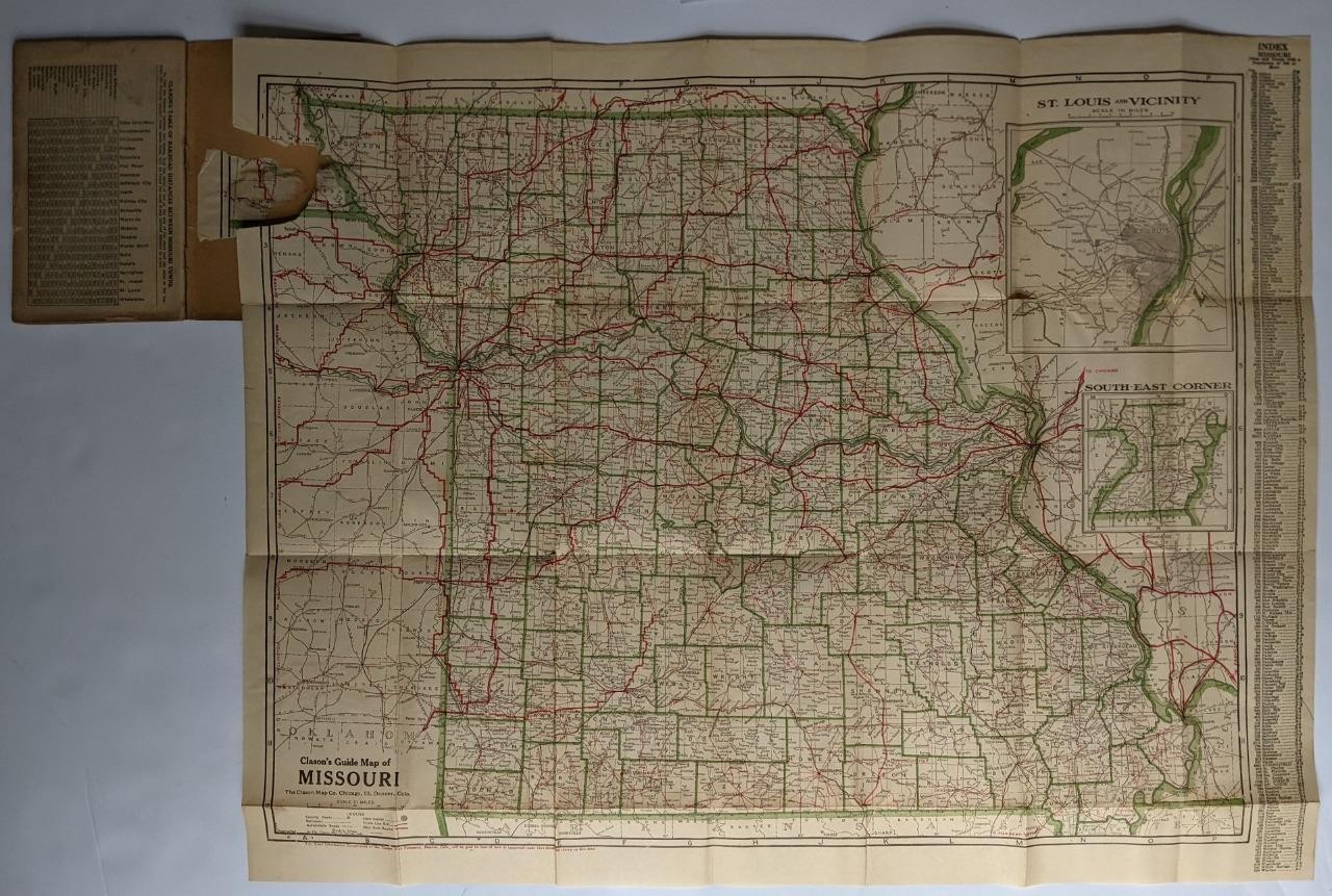 VINTAGE BOOKLET CLASON s MISSOURI GUIDE BOOK w ROAD AND RAILWAY MAP s