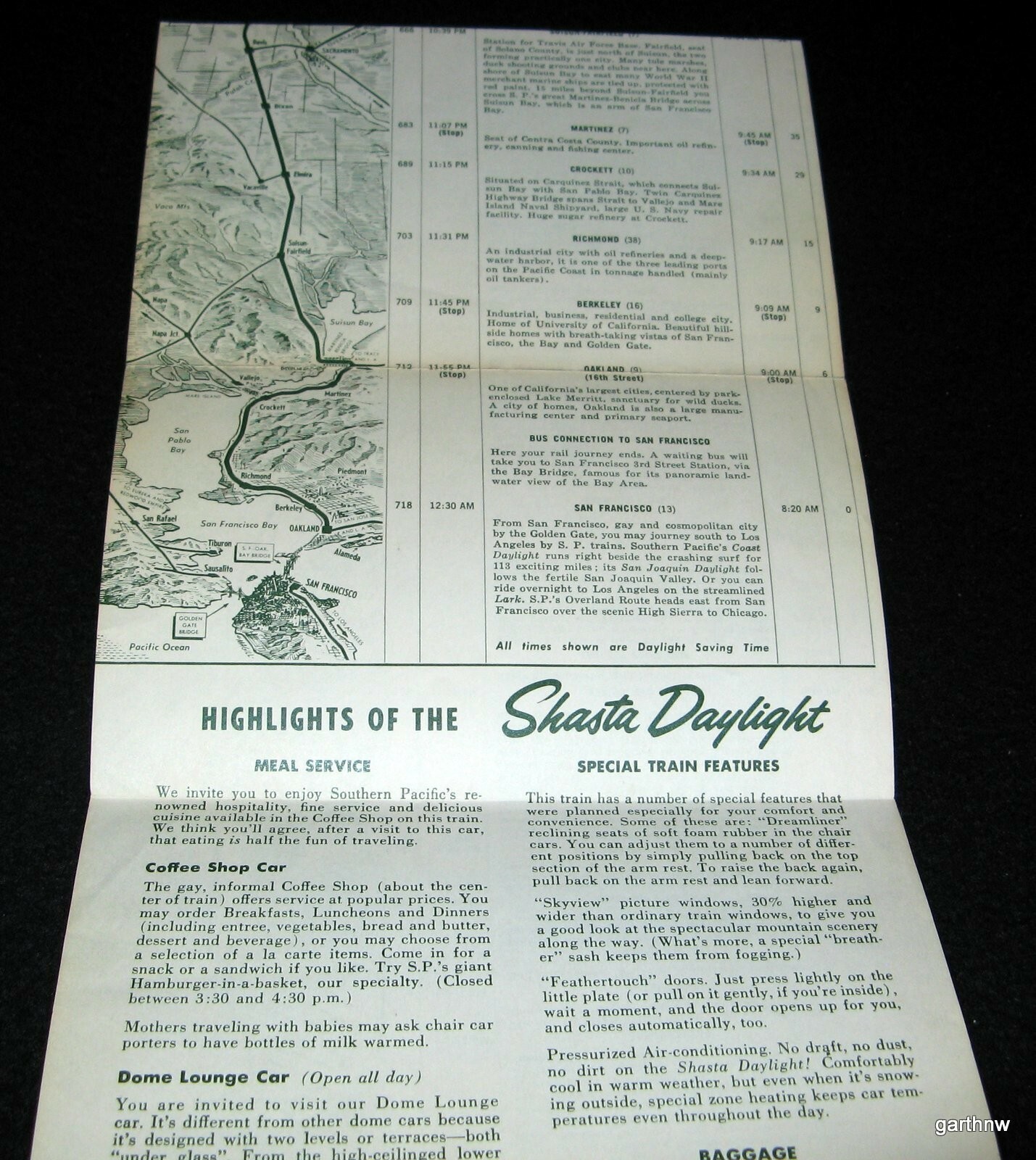 SHASTA DAYLIGHT SOUTHERN PACIFIC RAILROAD 1956 ROUTE MAP PORTLAND SAN FRANCISCO