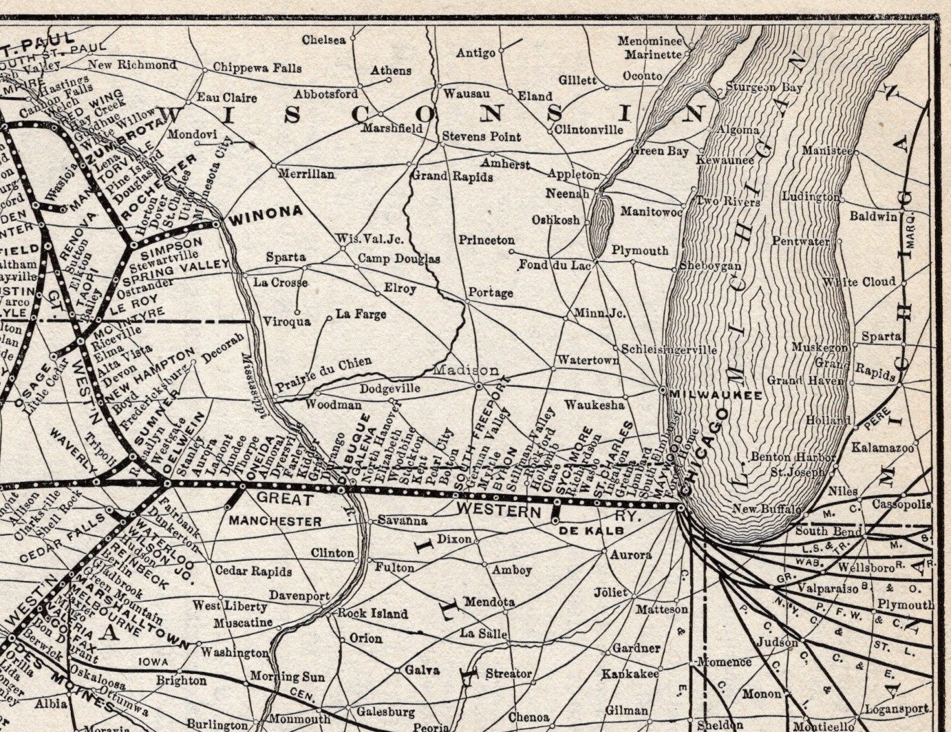 1909 Antique Chicago Great Western Railway Map Vintage Railroad Map 2530