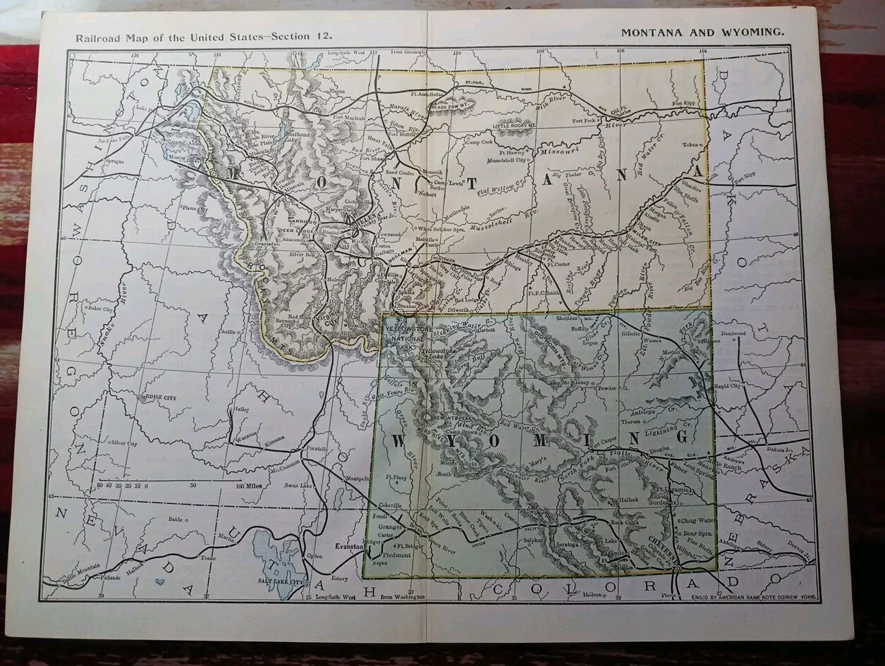 ☆1895 Antique Train Route Map Wyoming Montana All Railroad Lines Marked 11″×9″