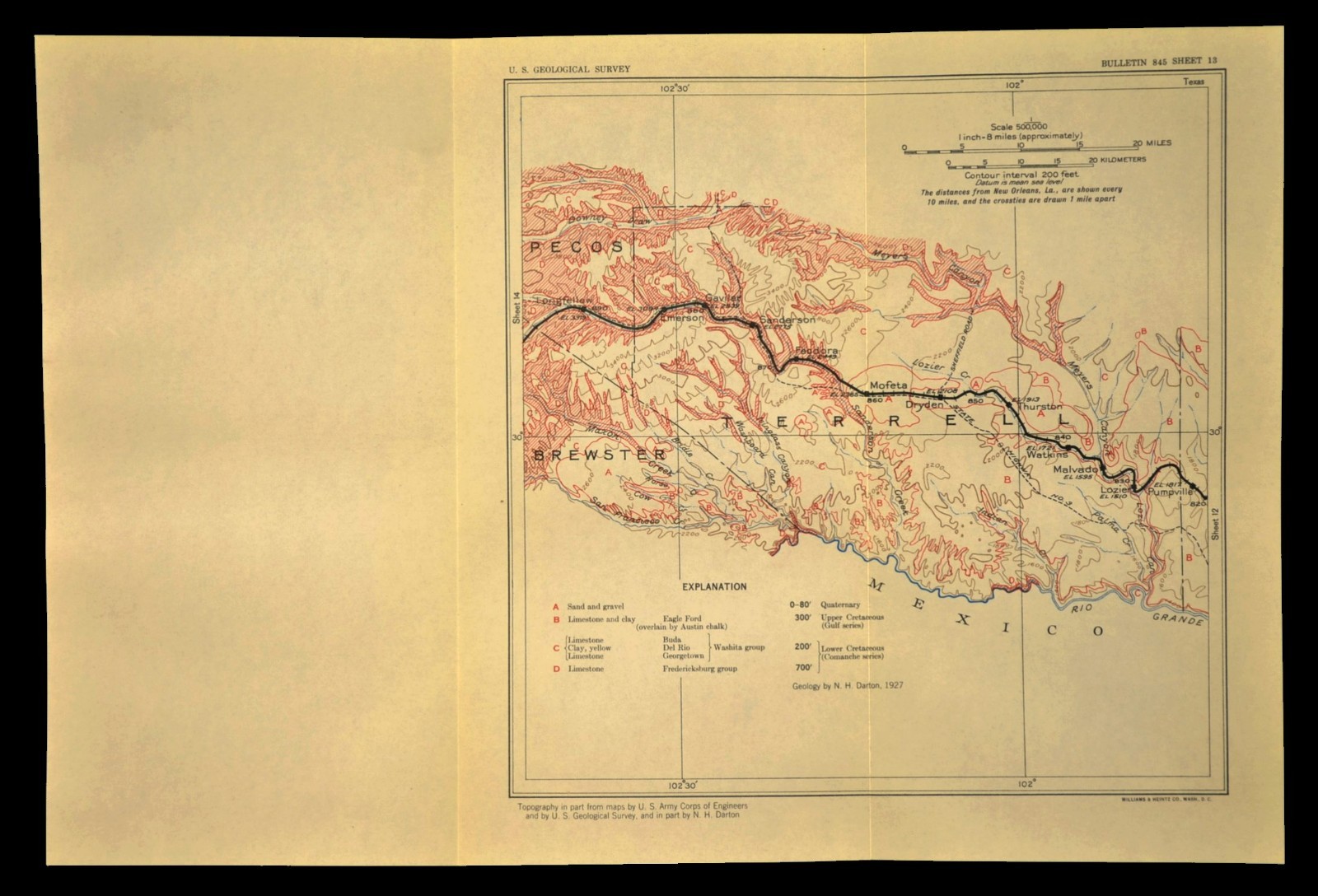 Vintage Southern Pacific RR Map Terrell County Texas Dryden Pumpville Ghost Town