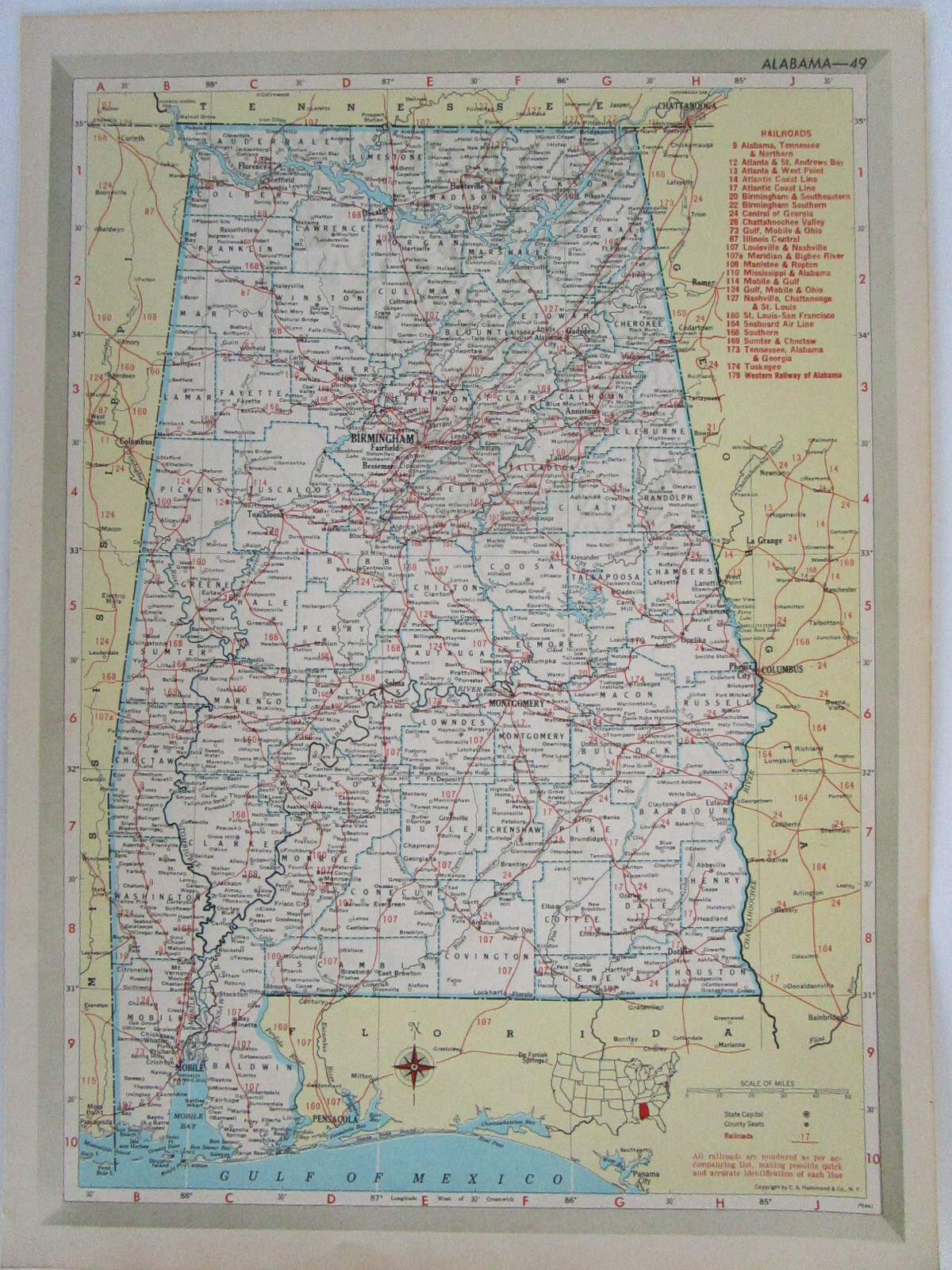 AL AZ Vintage 1951 ALABAMA RAILROAD Map. MERIDIAN BIGBEE RIVER RR or ARIZONA