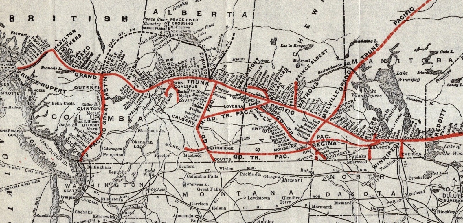 1918 Antique GRAND TRUNK System Railway Map Grand Trunk Pacific Railroad 3049