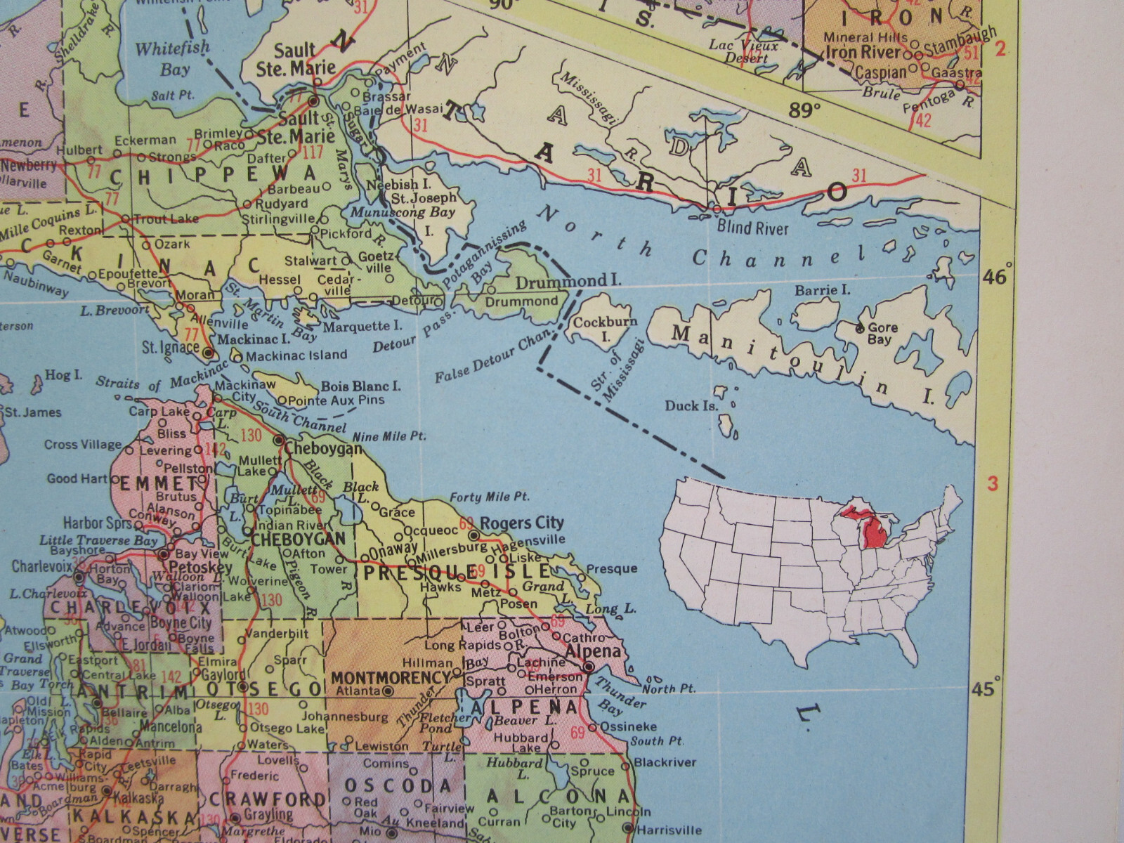 MN MI 1958 MINNESOTA RAILROAD Map DULUTH MESSABE & IRON RANGE RR ~or~ MICHIGAN