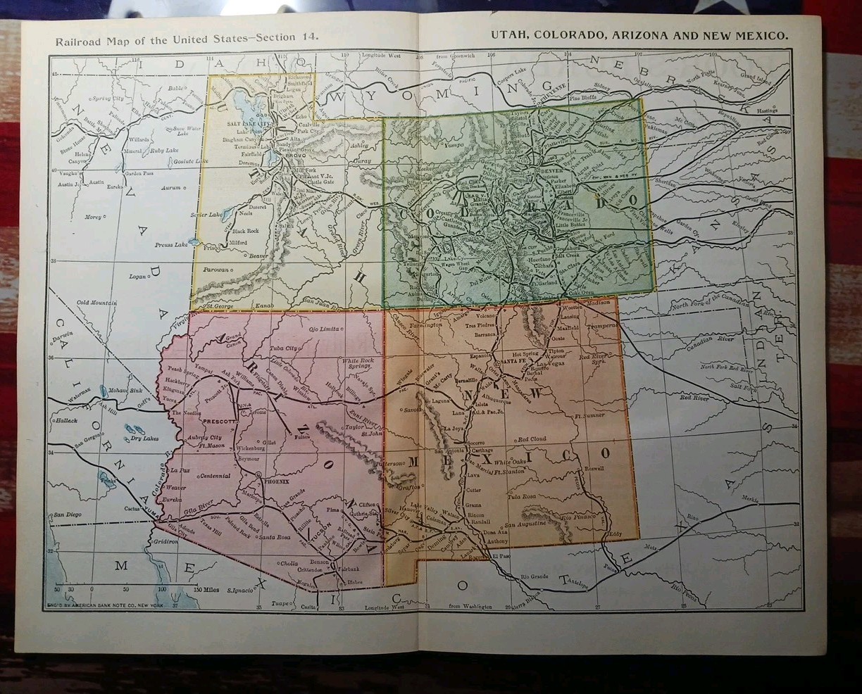 ~1895 Antique Railroad Map UTAH Colorado ARIZONA New Mexico All Train Lines 9×11