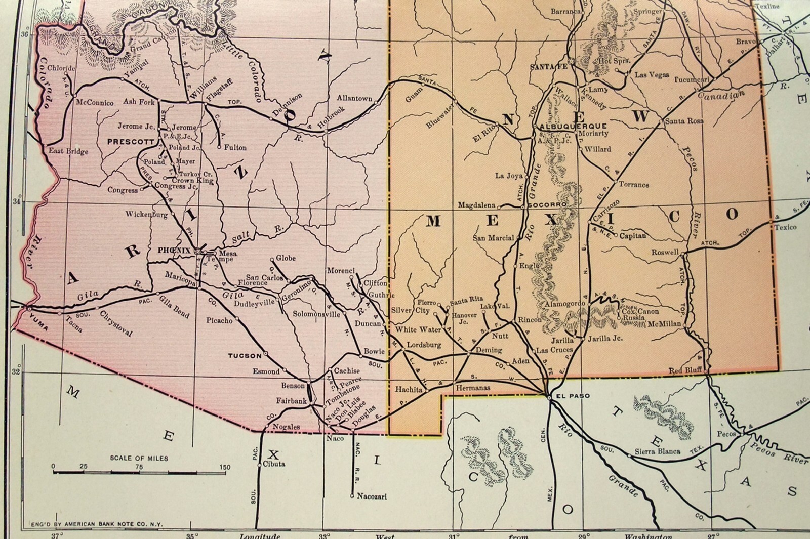 Utah Colorado Arizona & New Mexico – Original 1907 Railroad Map. Antique
