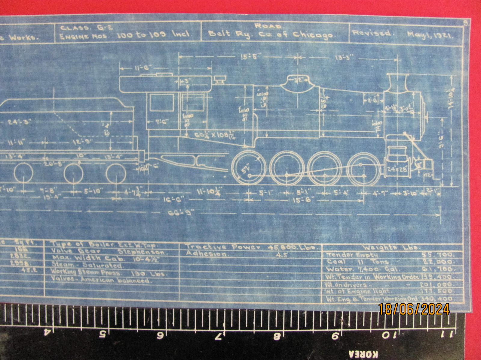 BELT RAILWAY OF CHICAGO 0-8-0 G-2 LOCOMOTIVES #100 – #109 BLUEPRINT DATA DRAWING