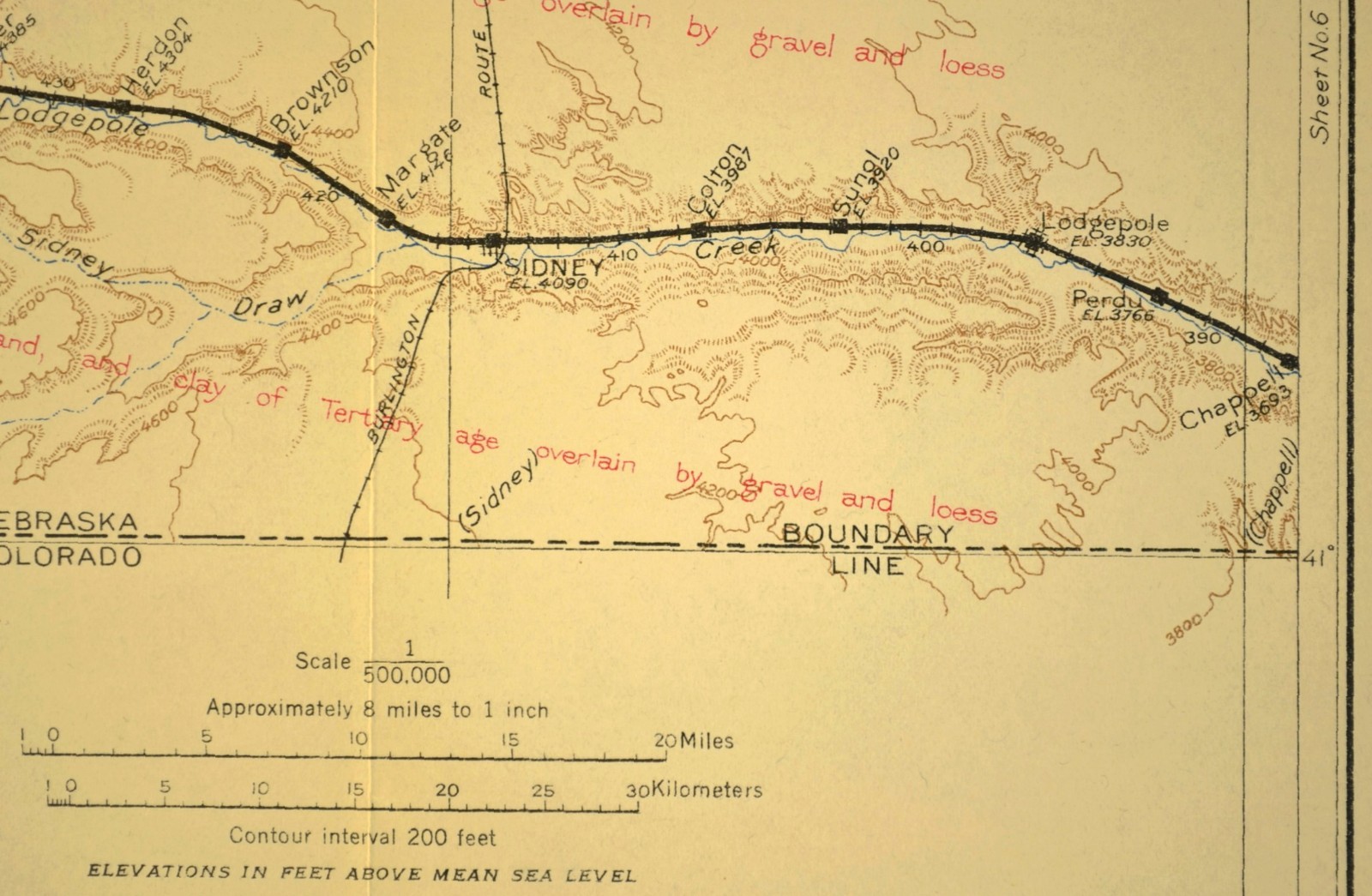 1915 Antique Union Pacific Railroad Map Sidney Nebraska Chappell NE Geological