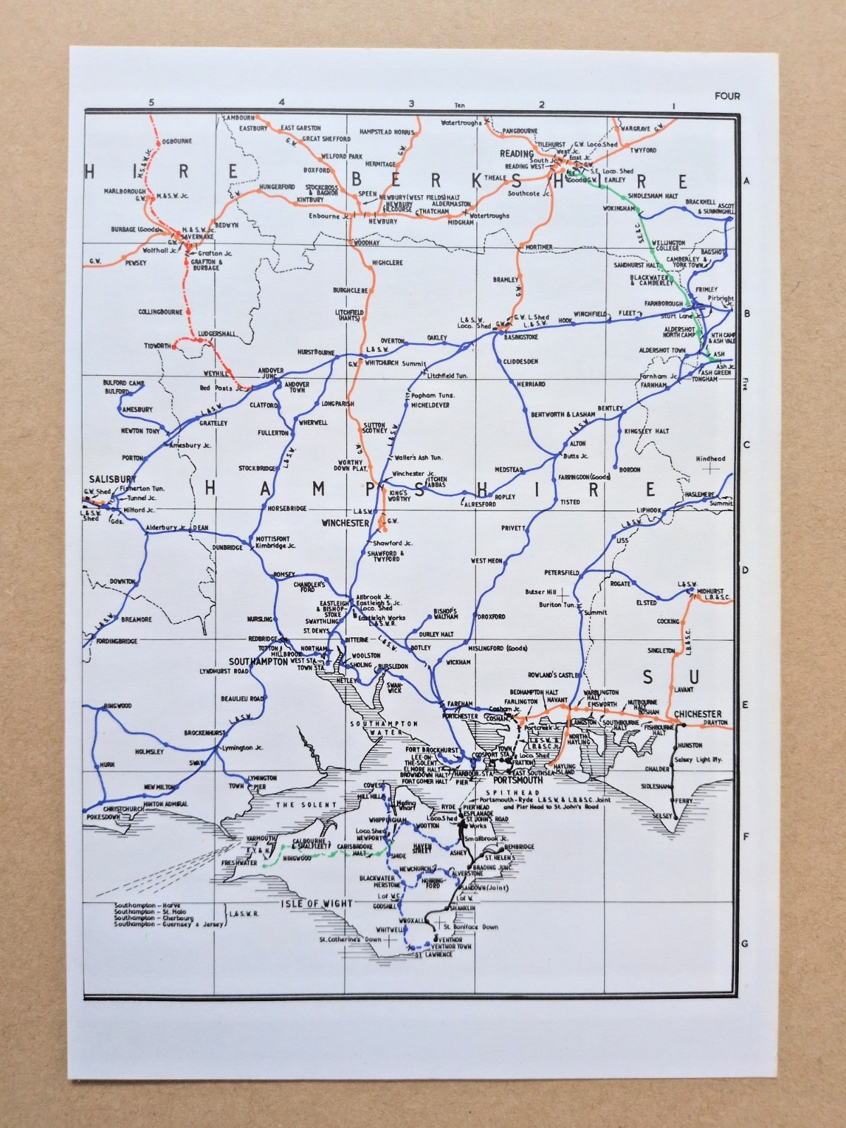Vintage 1972 map showing Pre Grouping Rail Lines of Hampshire and Berkshire