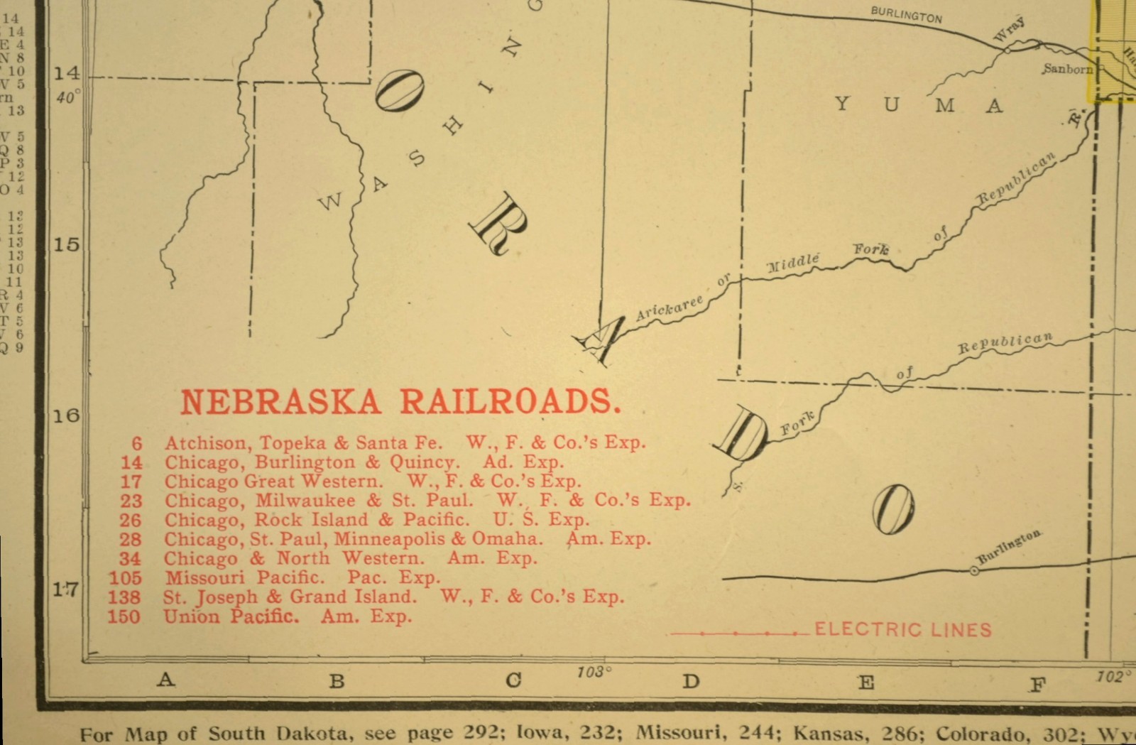1911 Antique Nebraska Railroad Map ORIGINAL Atlas Map CBQ RR Union Pacific DATED