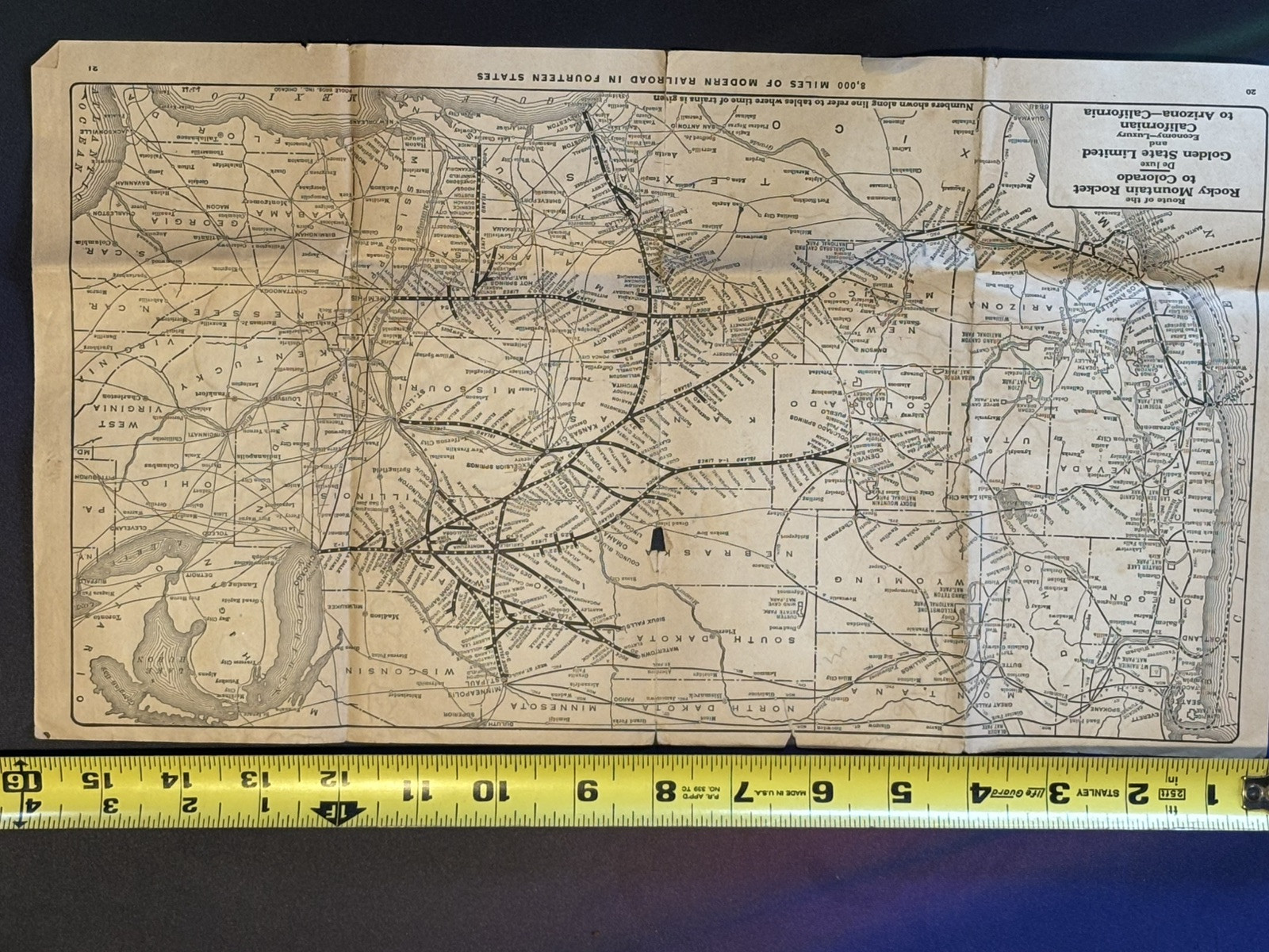 VTG American Railroad Map California To AZ “Rocky Mountain Rocket” 1940’s-50’s