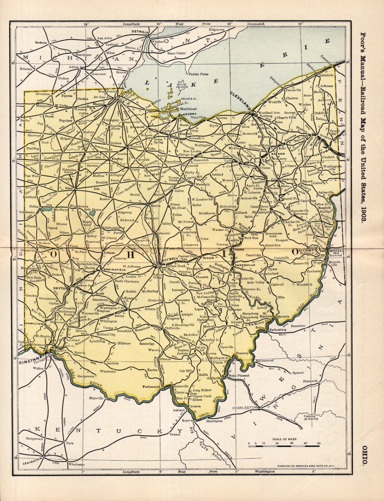 1903 Antique Ohio Railroad Map Louisville Nashville Wabash C & O Railroad 2638