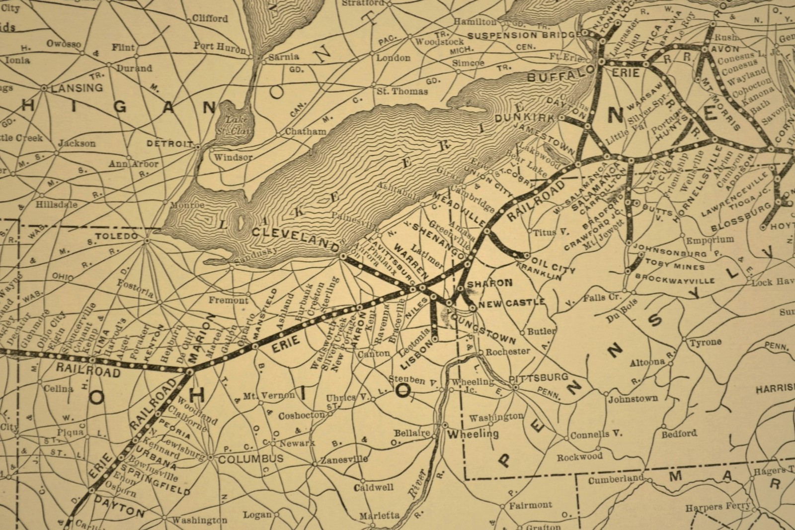 ca 1925 ERIE Railroad Map Railway Marion Ohio Cincinnati Cleveland Antique