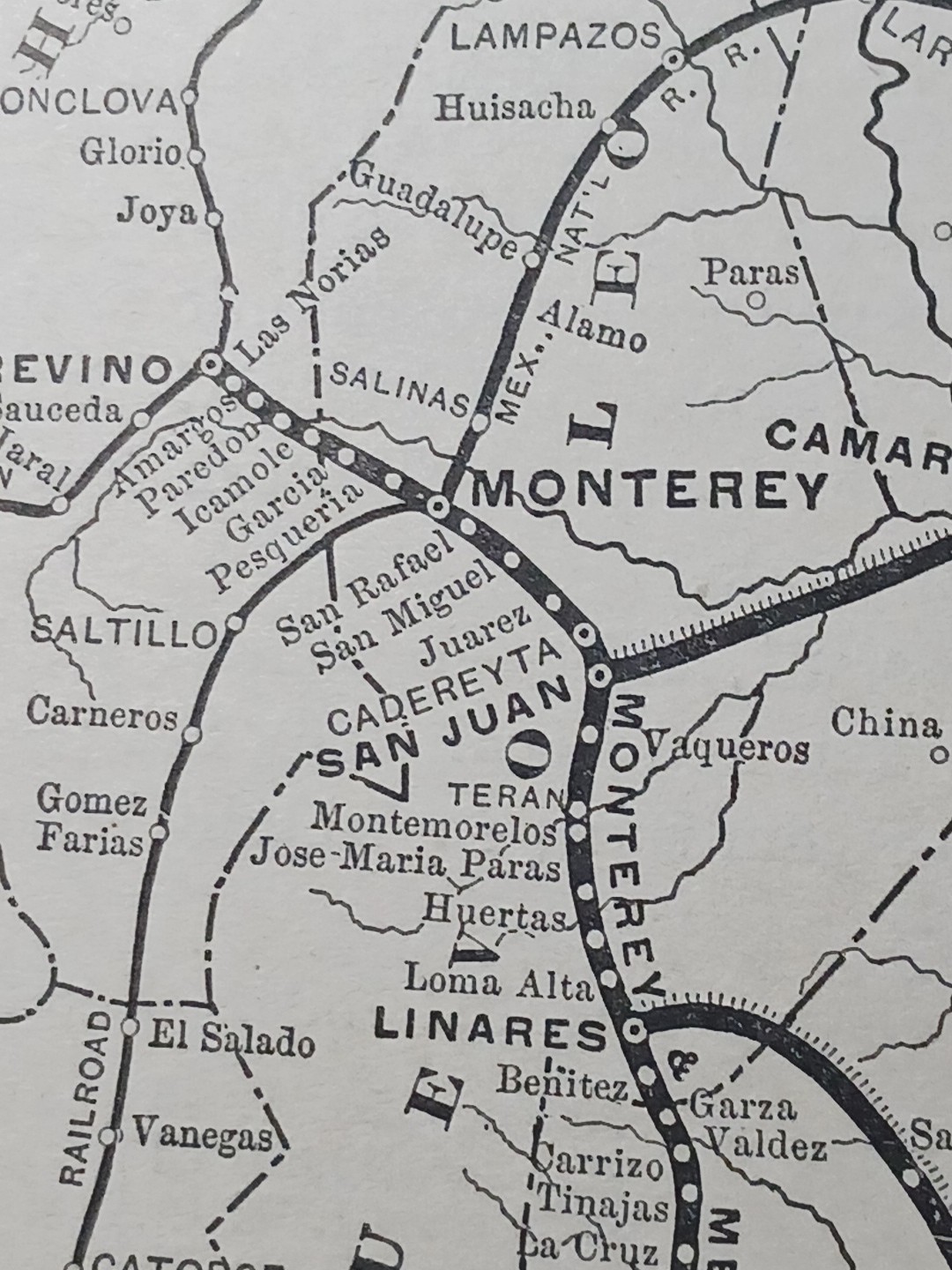 ~ 1895 Train Route Map MONTEREY & MEXICAN GULF RAILROAD Camargo Tampico Mexico