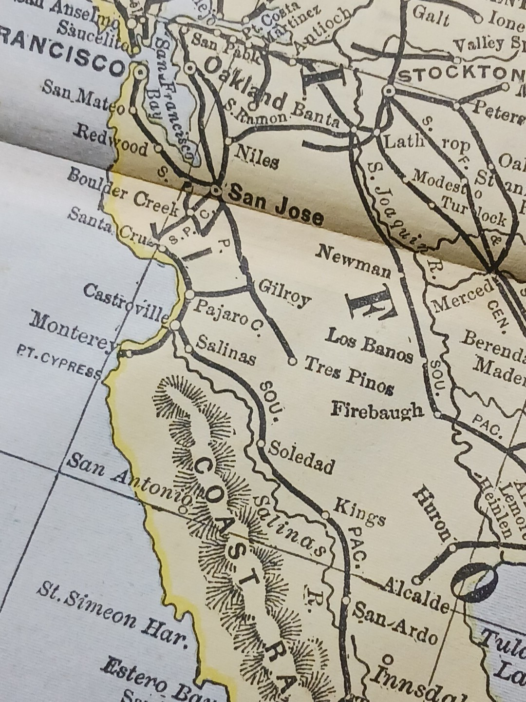 1897 Train Route Map CALIFORNIA & NEVADA all Railroad Lines Stations Towns 9×11″