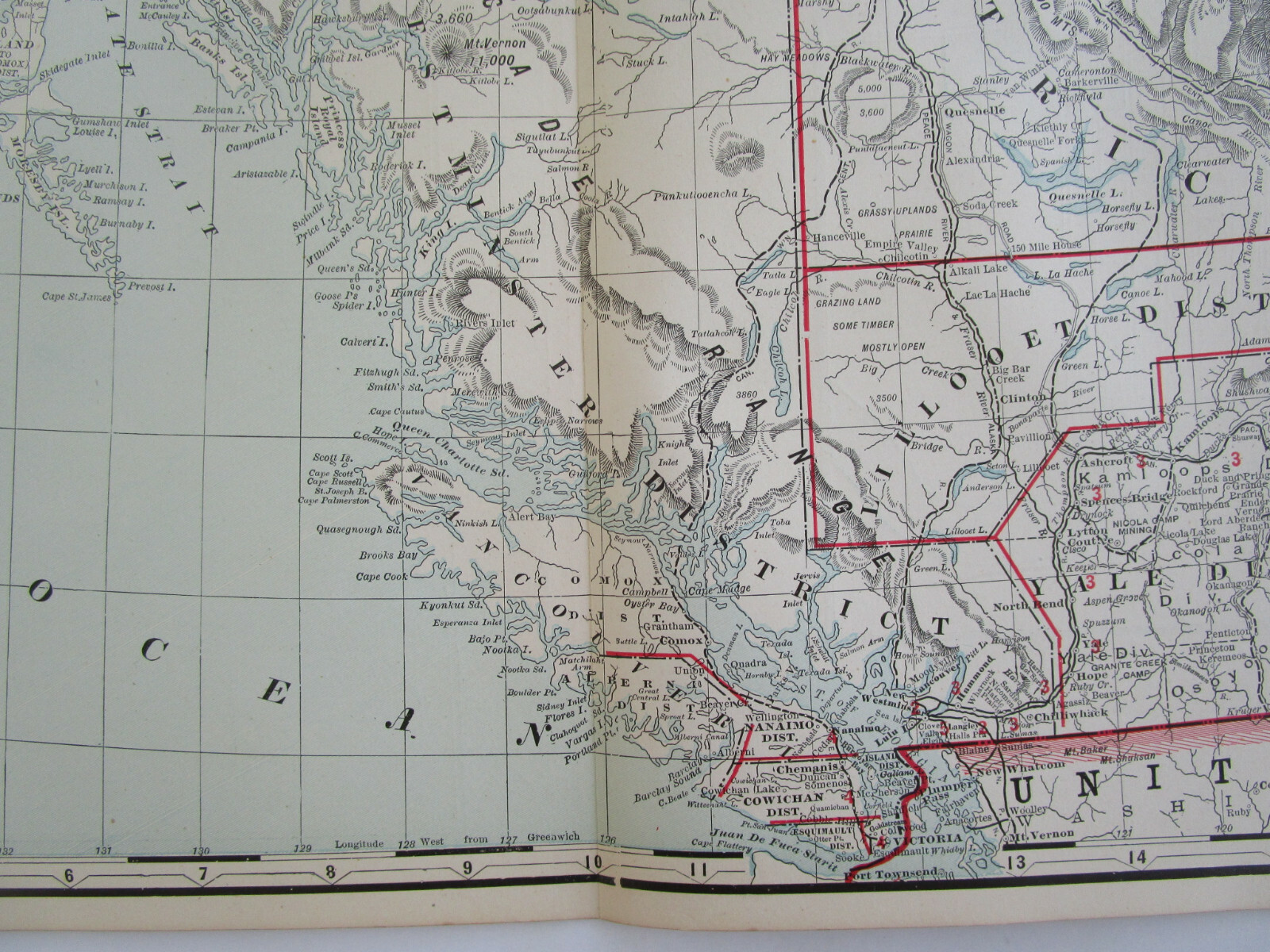 1896 BRITISH COLUMBIA CANADA Cram RAILROAD Map ESQUIMAULT & NANAIMO RR