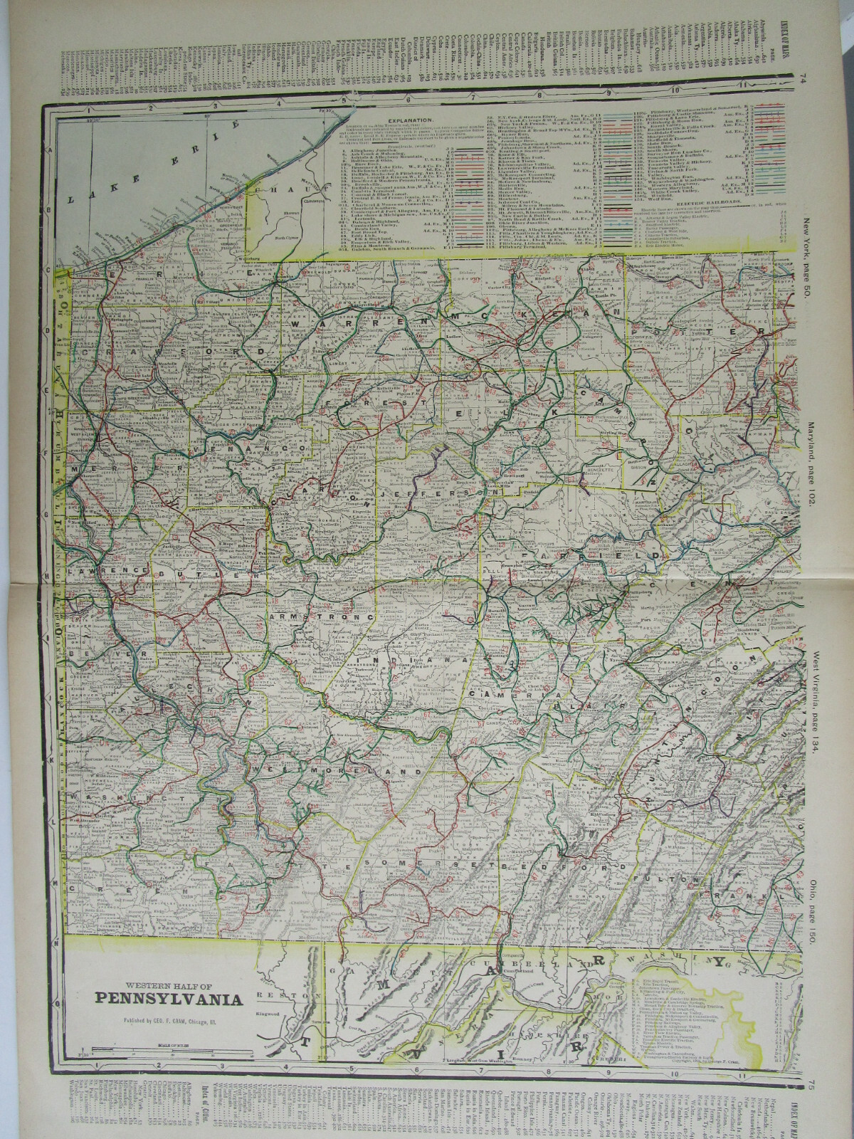PA 1903 WESTERN PENNSYLVANIA Cram STEAM / INTERURBAN ELECTRIC RAILROAD Map