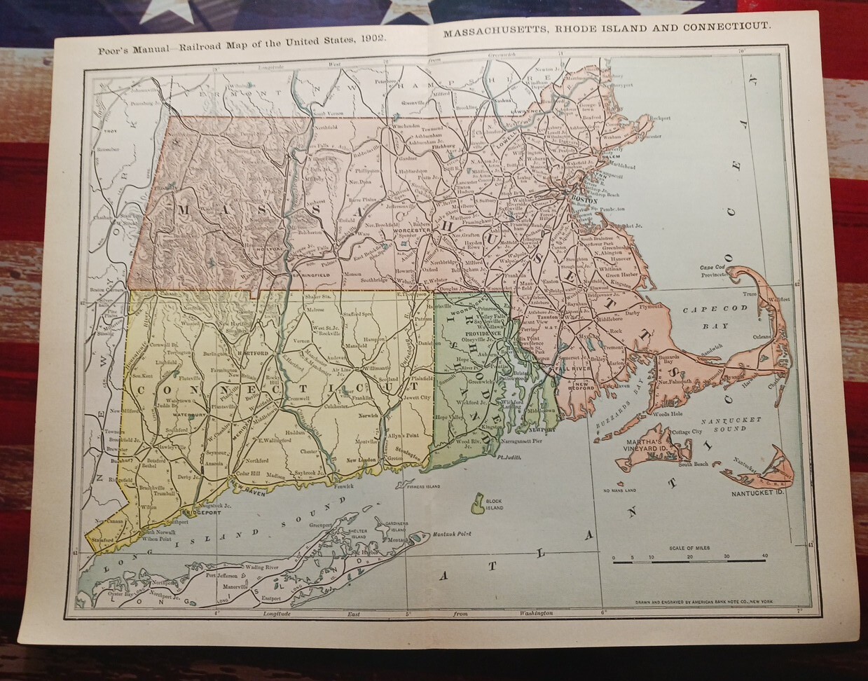 1902 Train Route Map MASSACHUSETTS Connecticut RI All Railroad Lines 11″×9″