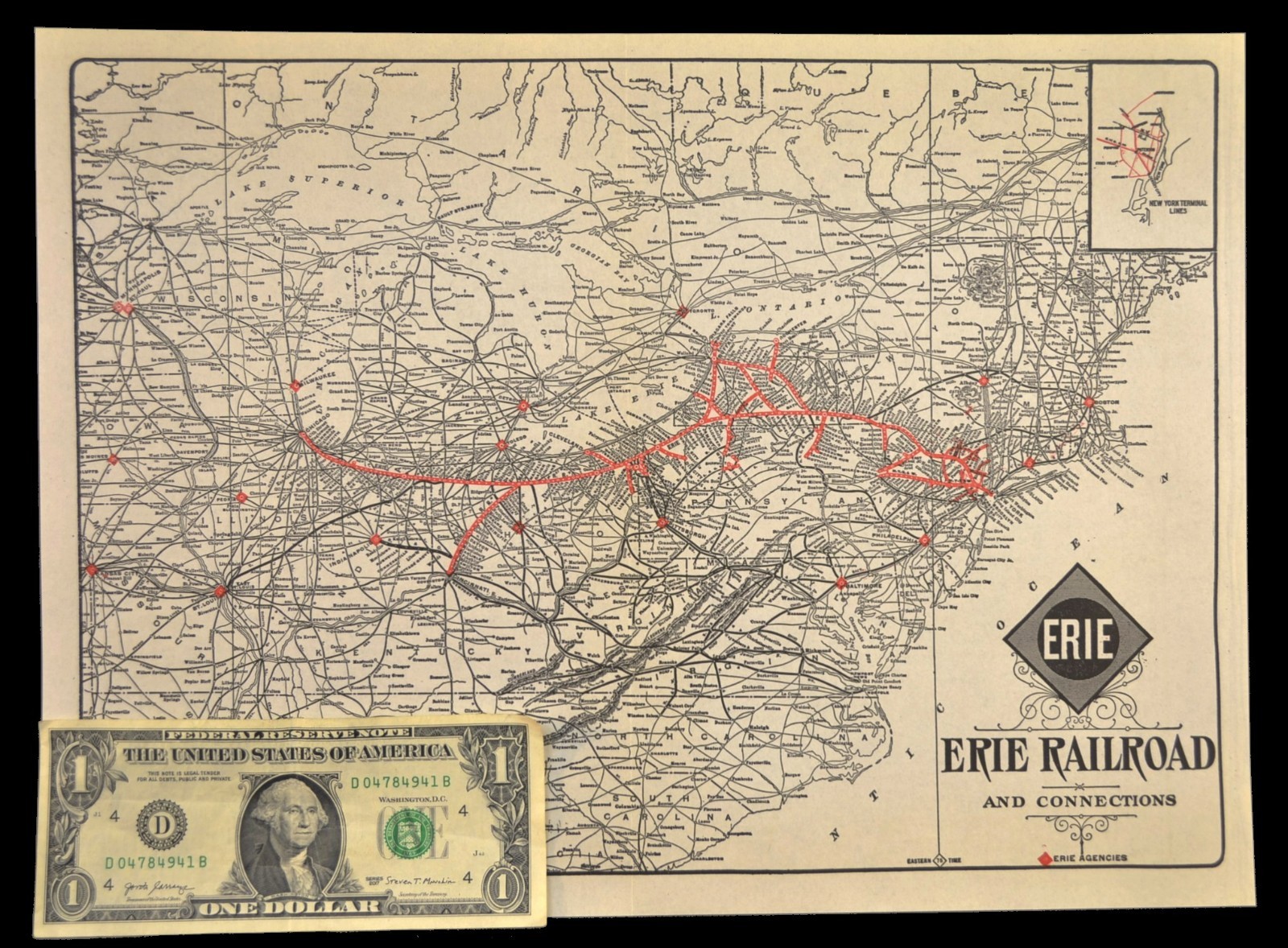 Vintage ERIE Railroad Map Wall Art Old Railway Antique Original Pittsburgh