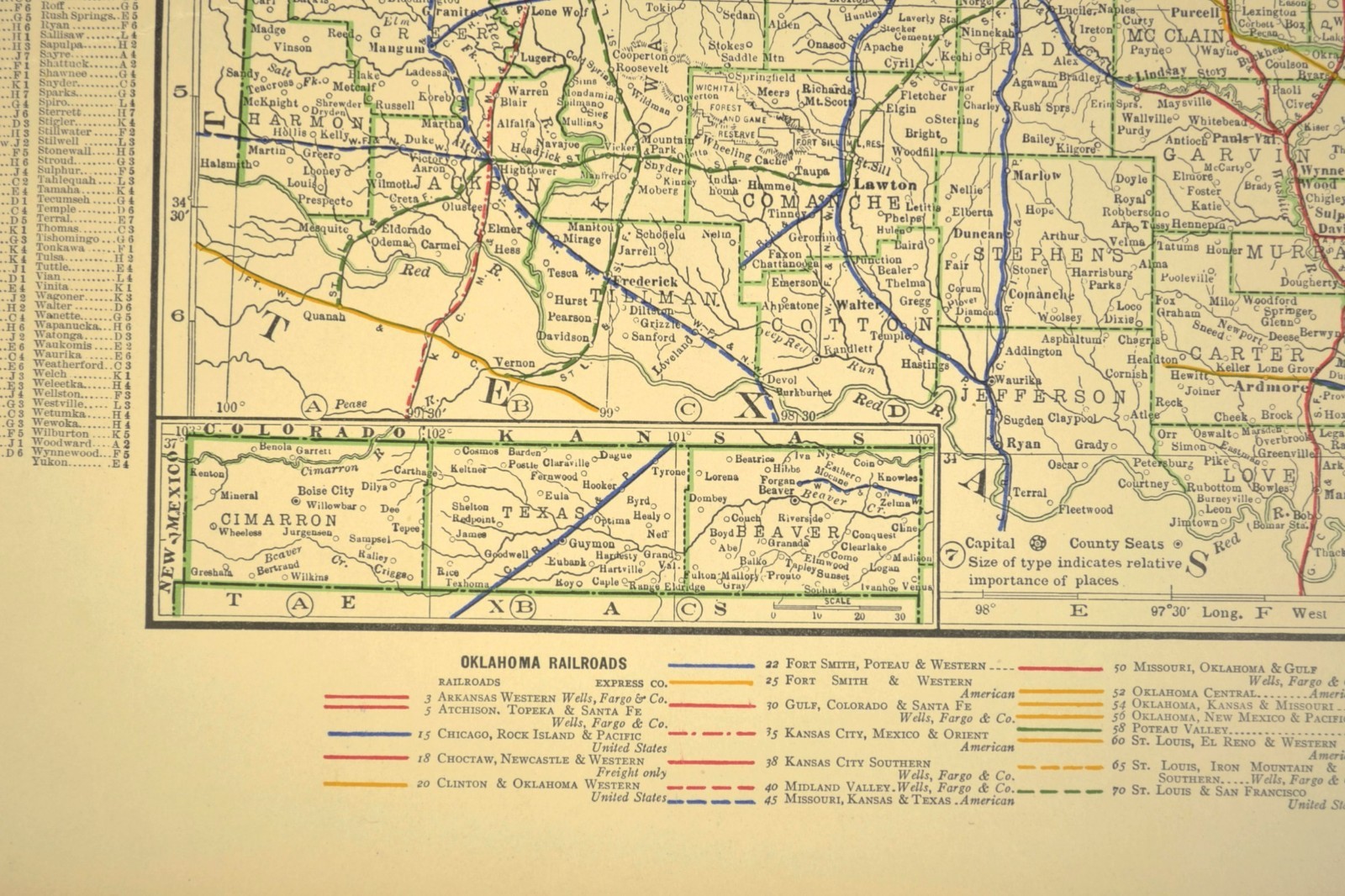 1914 Antique Map of OKLAHOMA Railroads Map ORIGINAL Atlas Map CRI&P RR DATED