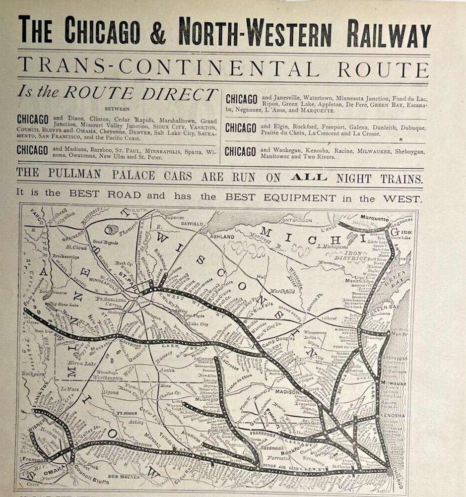 1875 Antique Chicago Northwestern Railway Map North-Western Railroad Map Route
