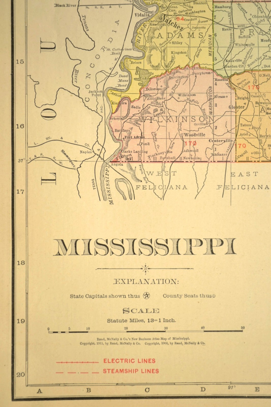 1911 Antique Mississippi Railroad Map ORIGINAL Atlas Map Y&MV RR GSI RR DATED