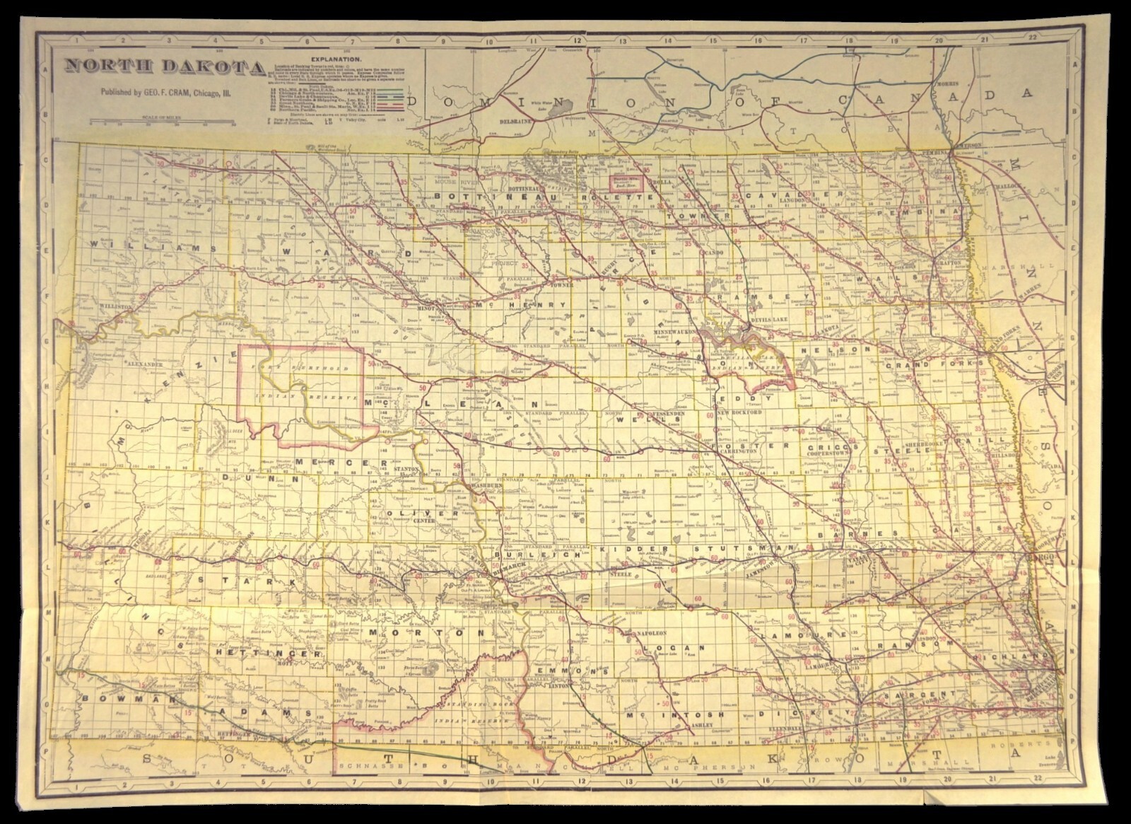 ca 1905 North Dakota Railroad Map Minnesota St Paul & Sault Ste Marie RR
